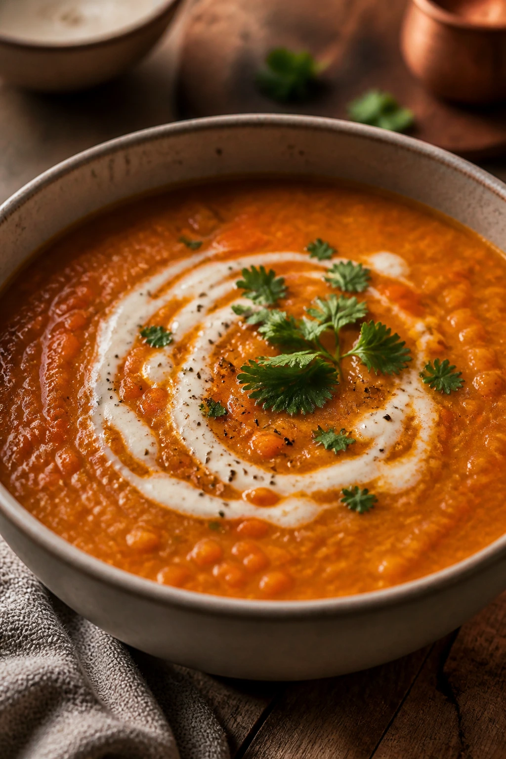 Steaming bowl of coconut lentil soup with greens