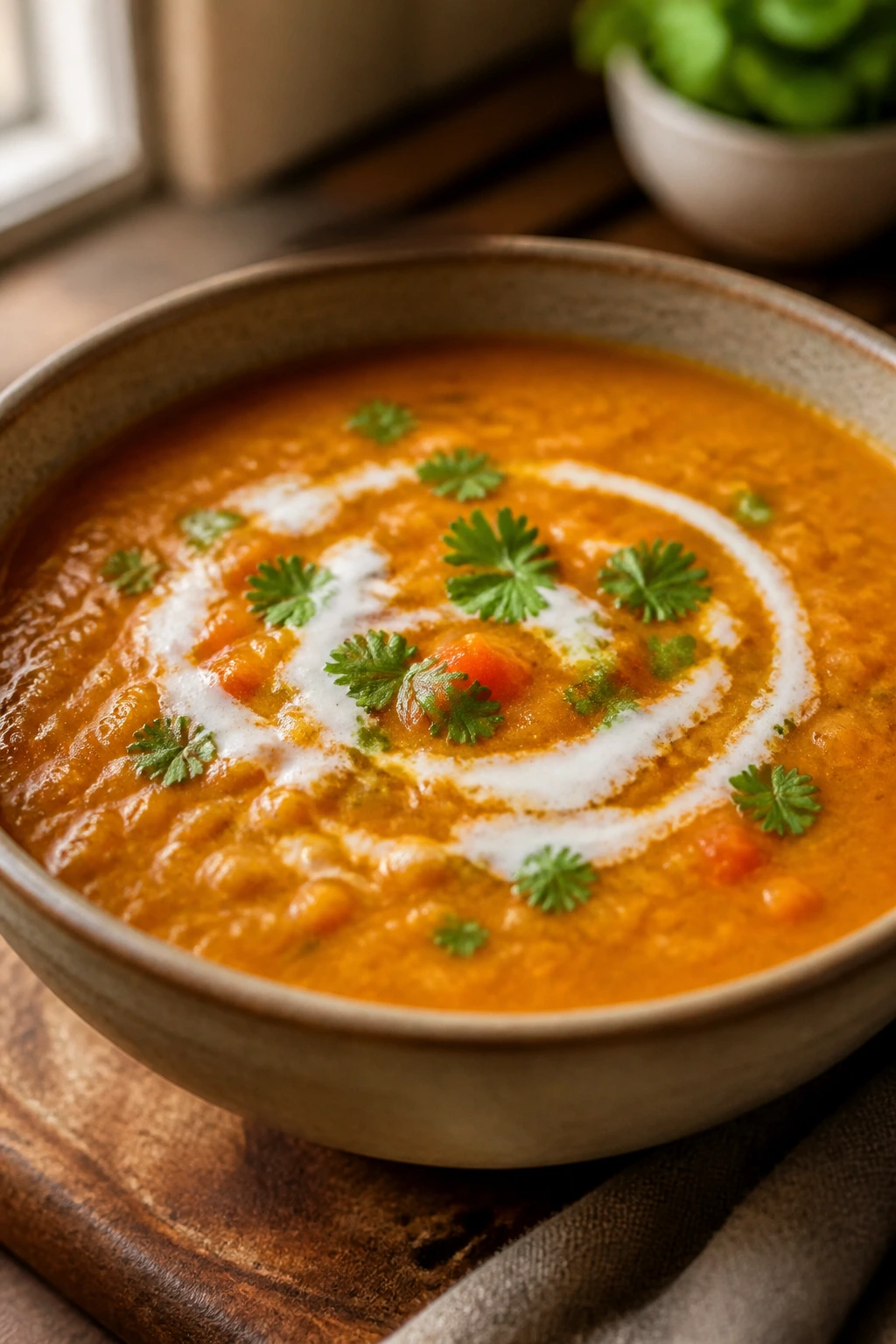 Close-up of curried red lentil and coconut soup with coconut milk swirl