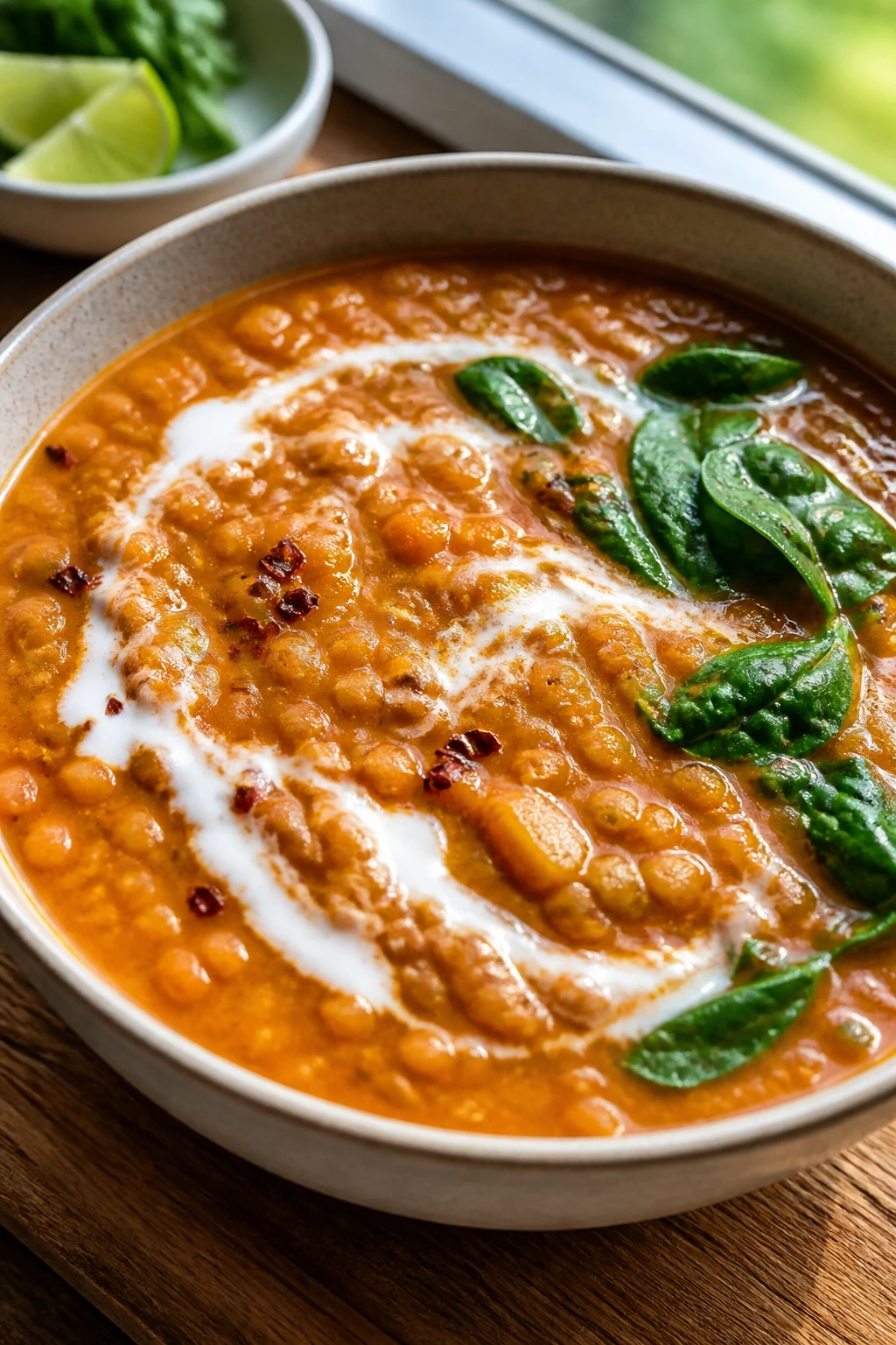 Bright lentil soup with coconut milk and spinach in a kitchen