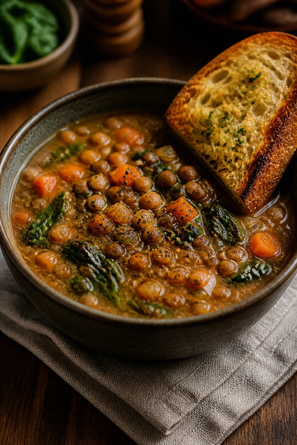 Close-up of lentil soup with toasted garlic bread.