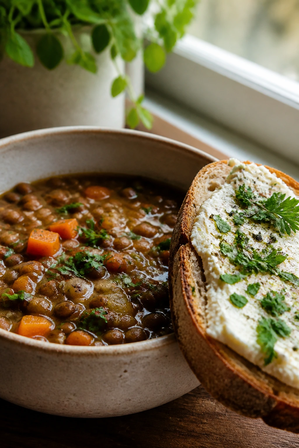 Close-up of French lentil soup with herb goat cheese toast