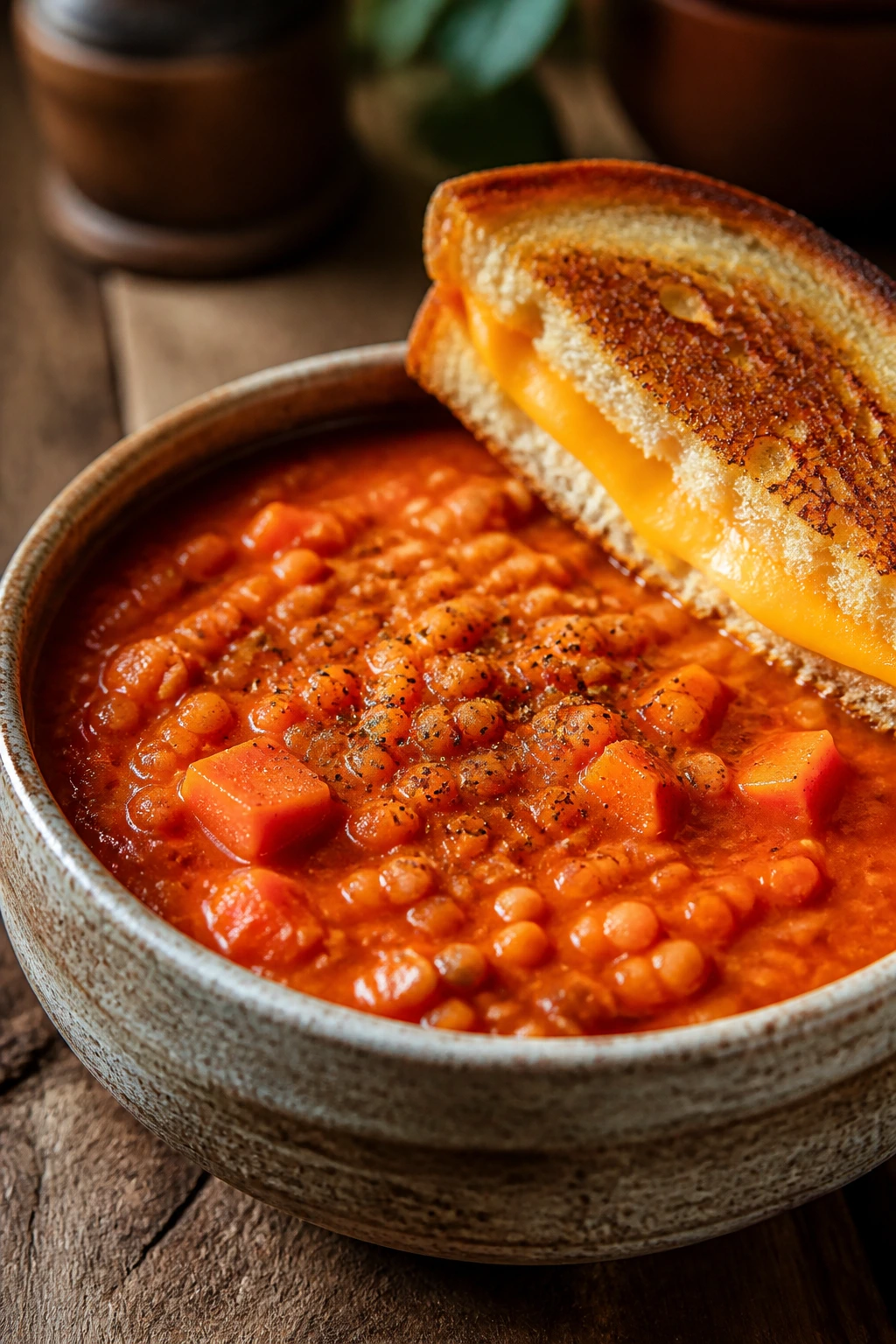 Close-up of thick tomato-red lentil soup in rustic bowl with grilled cheese on side, warm kitchen setting