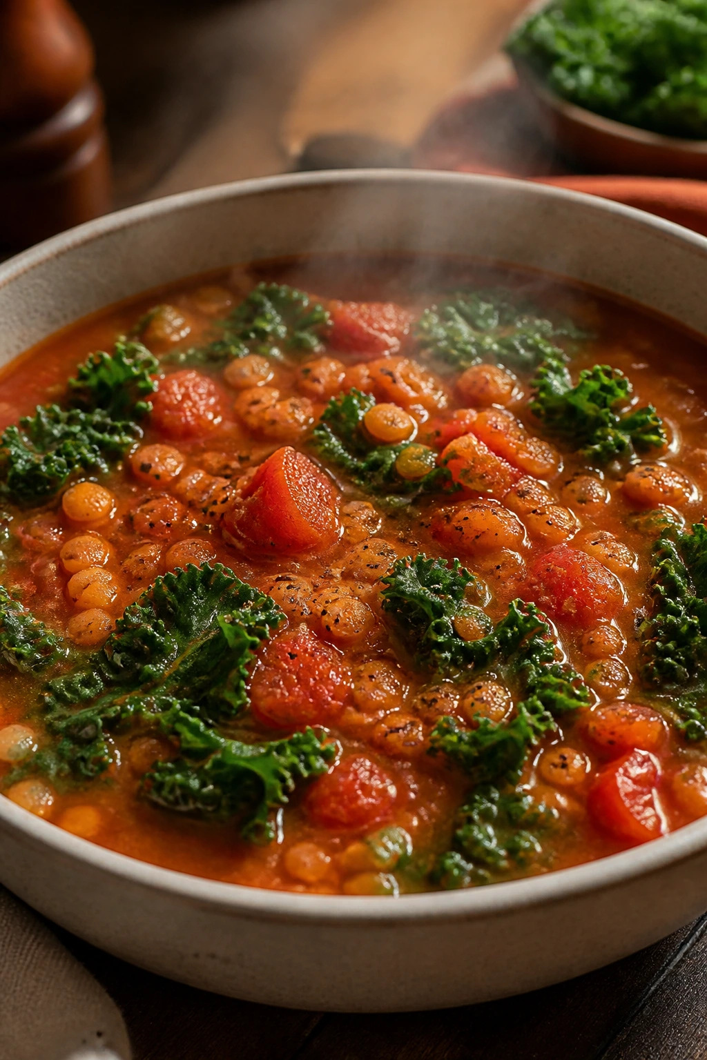 Close-up of lentil tomato kale soup in a bowl