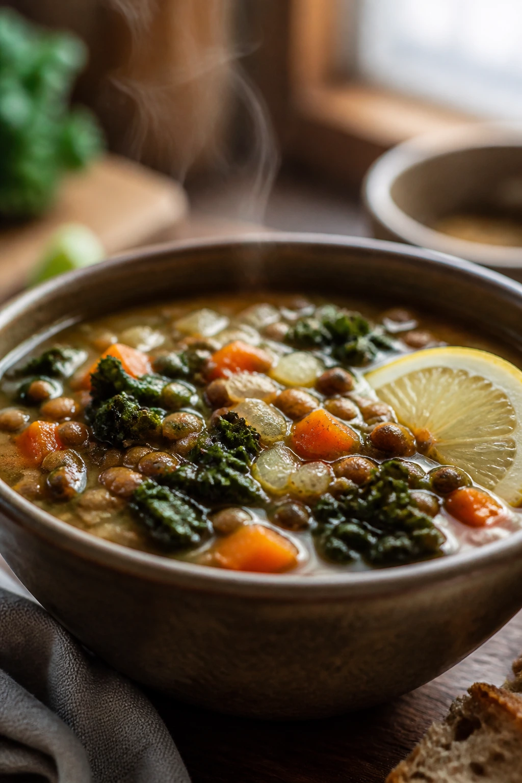 Lentil soup with kale in a bowl