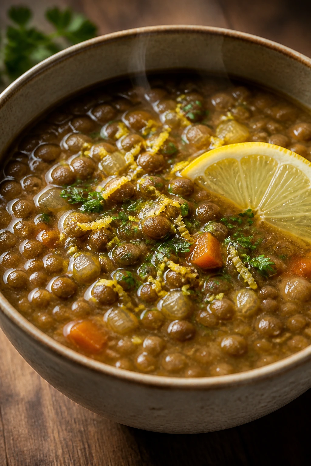 Close-up of lentil soup with lemon garnish in a rustic bowl