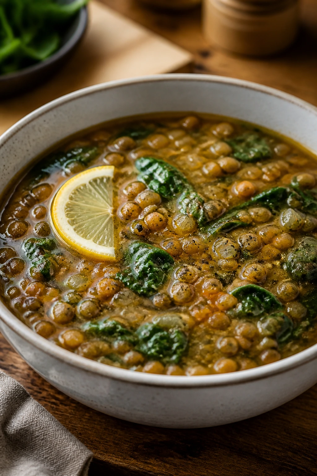 Close-up of lentil soup with spinach and lemon brightness
