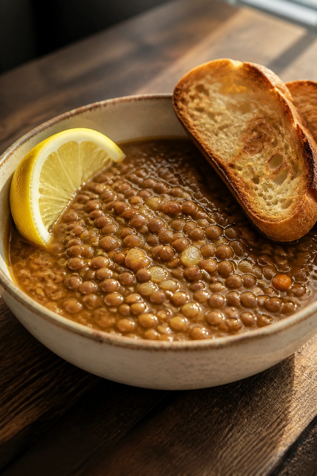 Close-up of lentil soup with lemon and toast on wooden table