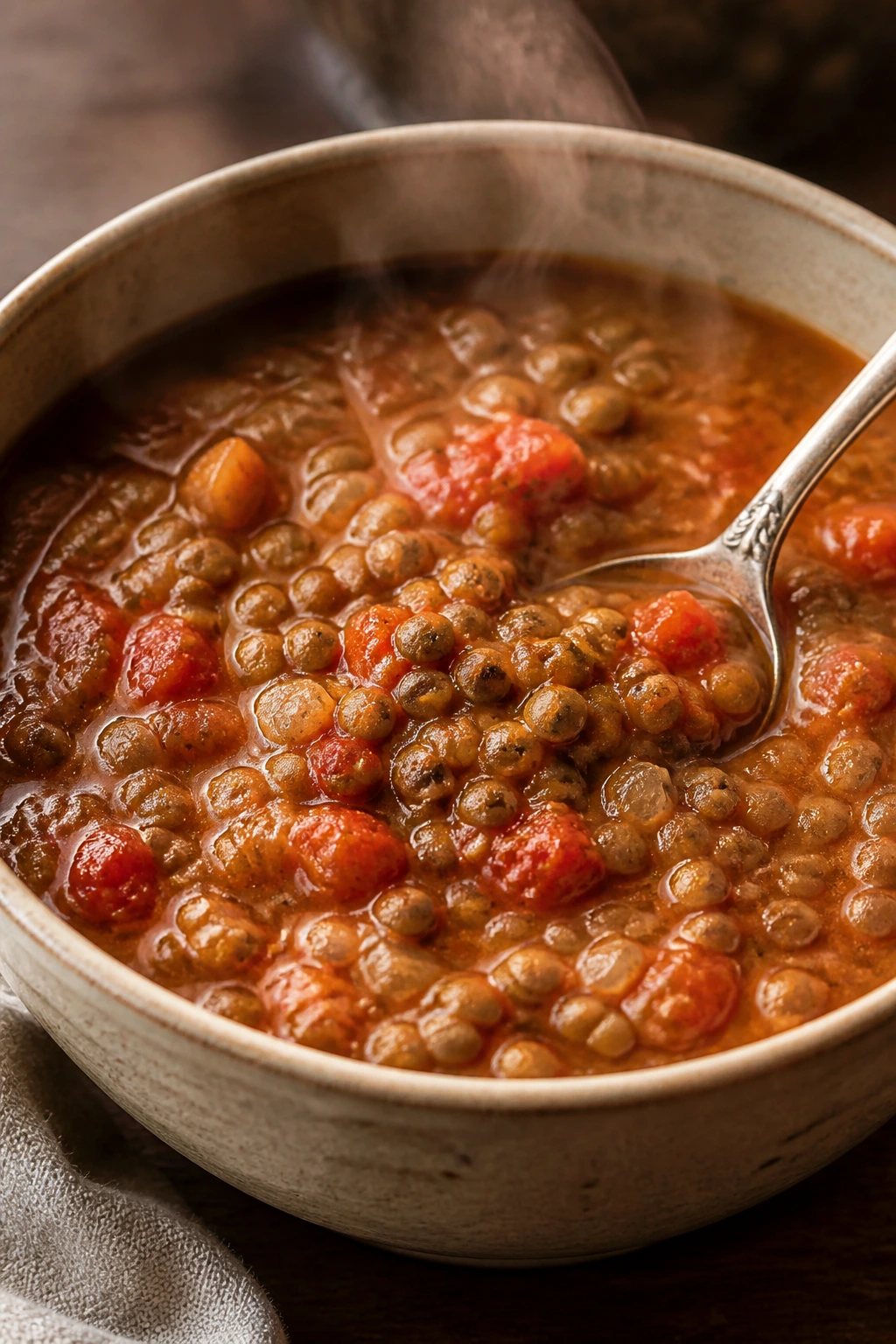 Bowl of lentil soup with tomatoes steaming in a rustic setting