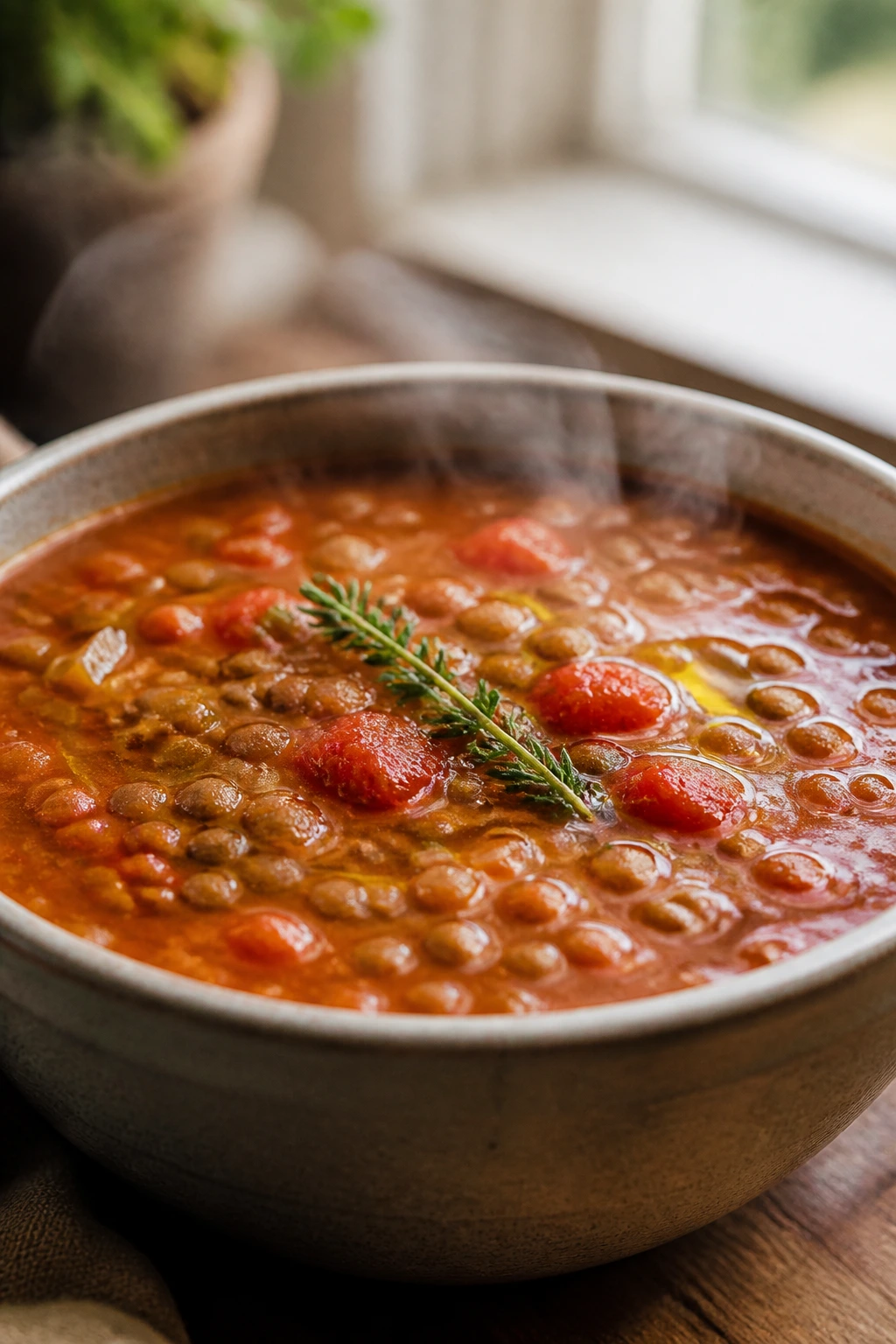 Steaming lentil and tomato soup in a ceramic bowl in a warm kitchen