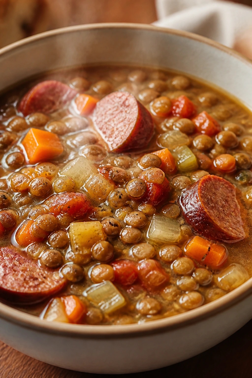 Steaming lentil soup with smoked sausage in a bowl