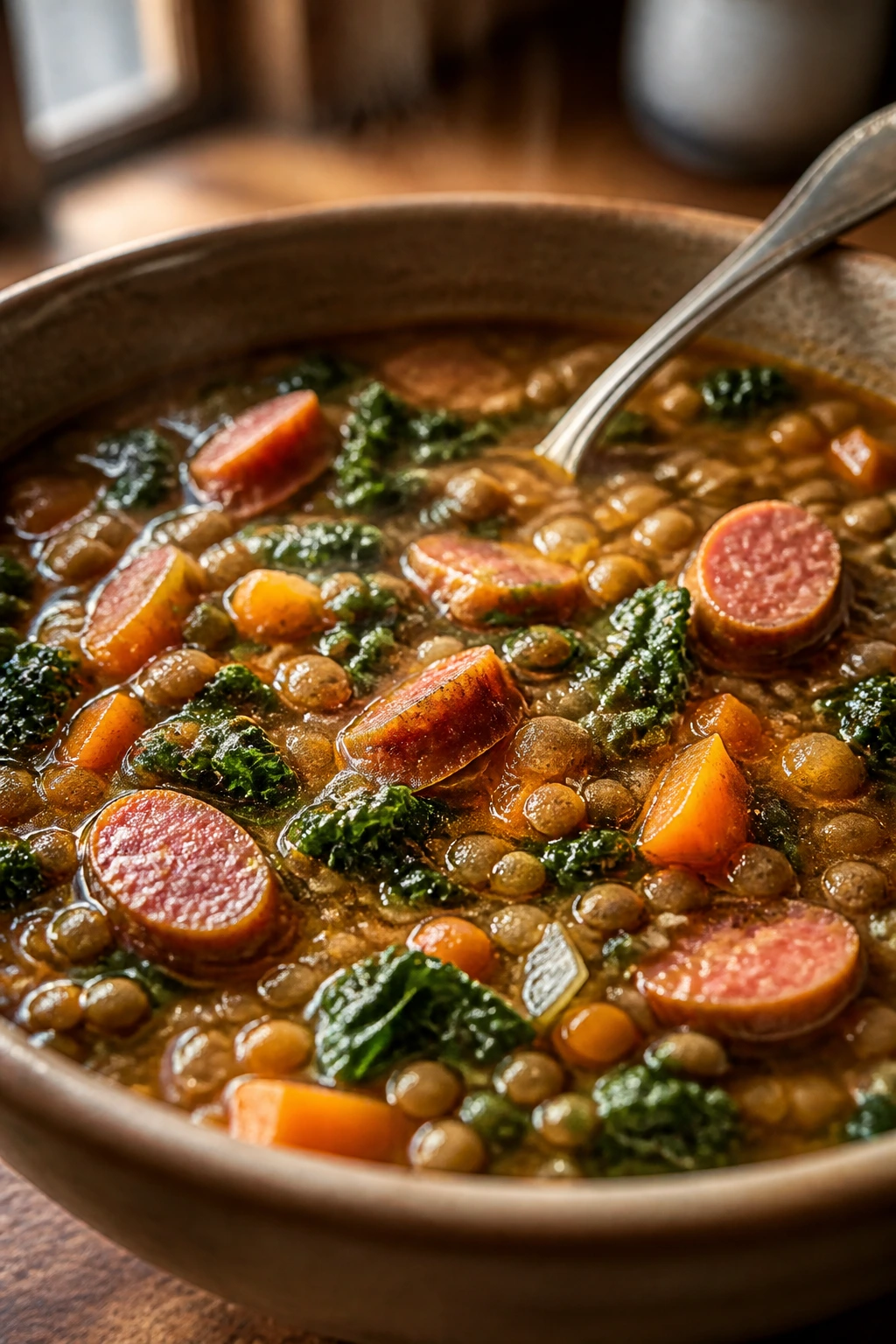 Steaming bowl of smoky lentil soup with sausage and kale