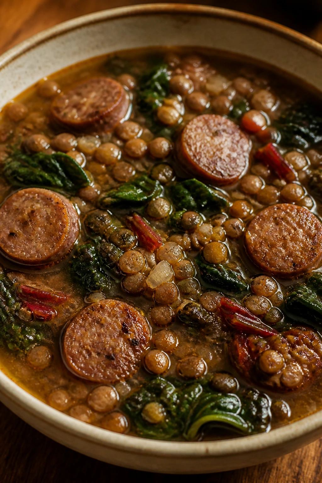 Hearty lentil soup with sausage and Swiss chard in a bowl.