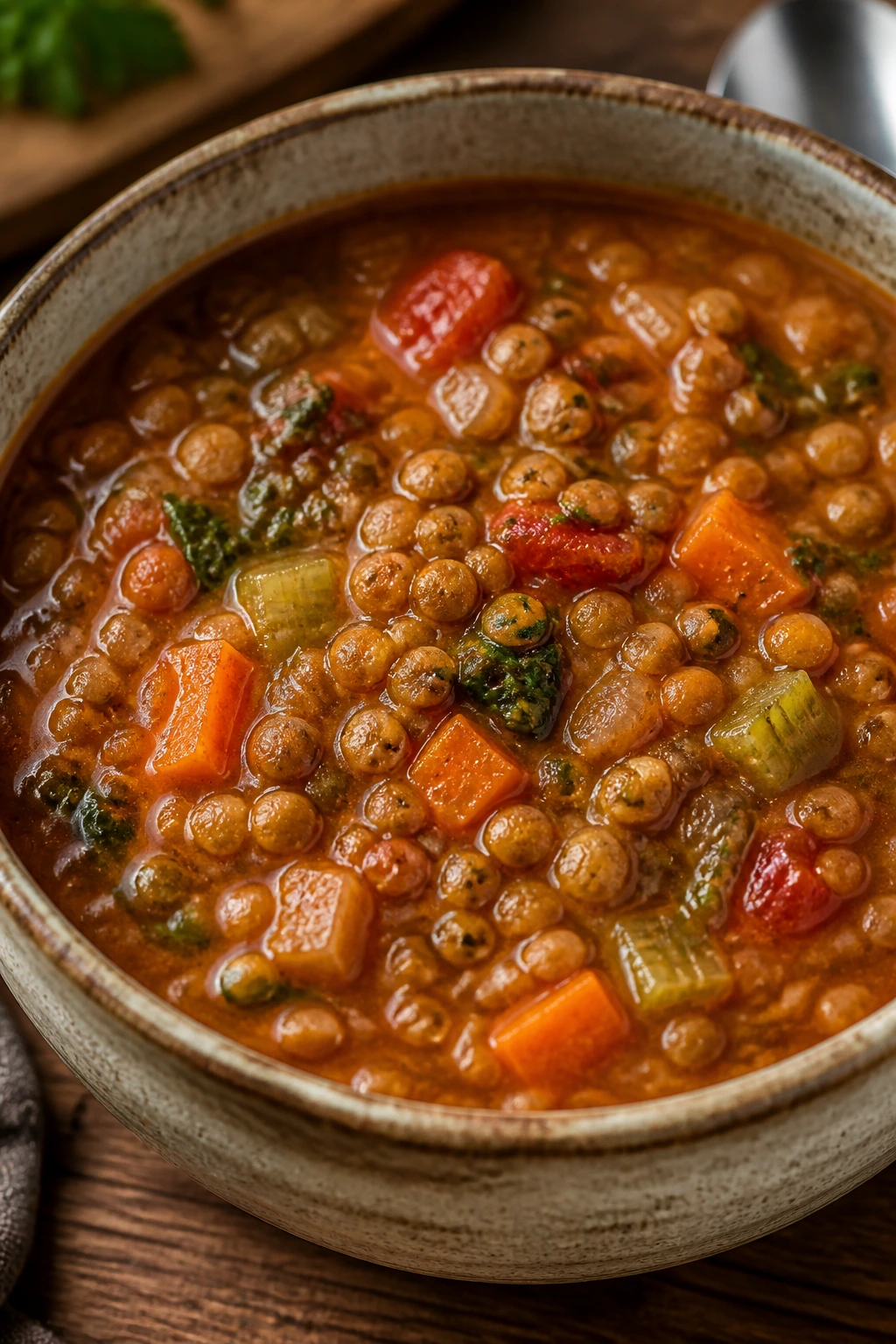 Close-up of Lentil Vegetable Soup with lentils and vegetables