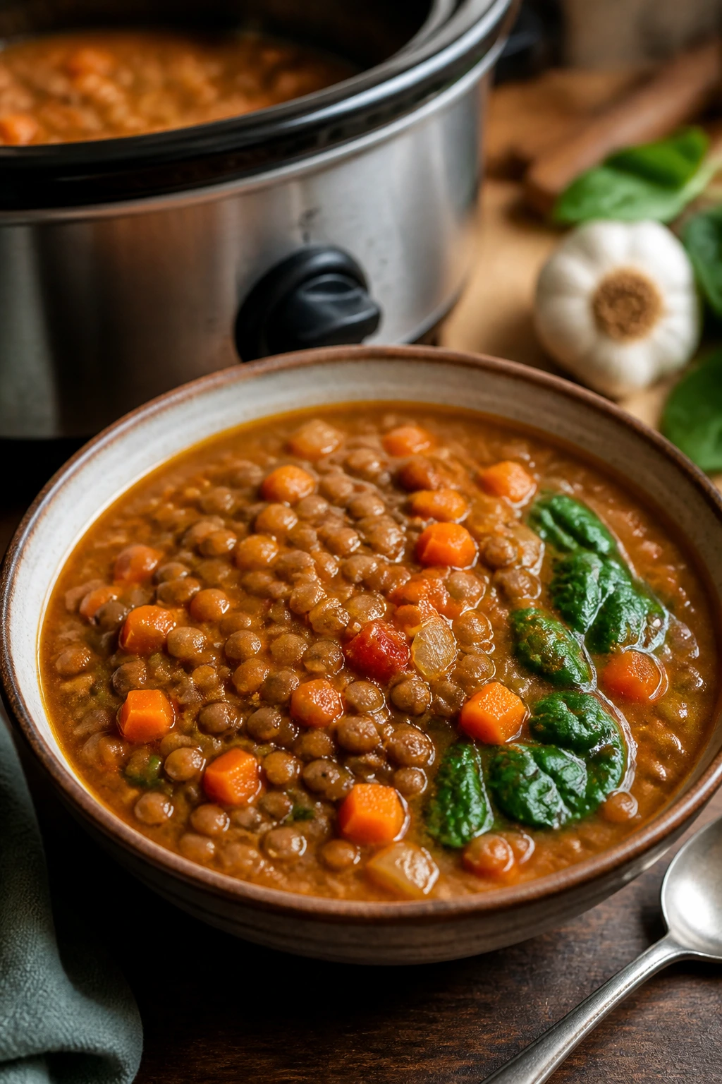 Close-up of lentil soup in a bowl with vegetables and spinach