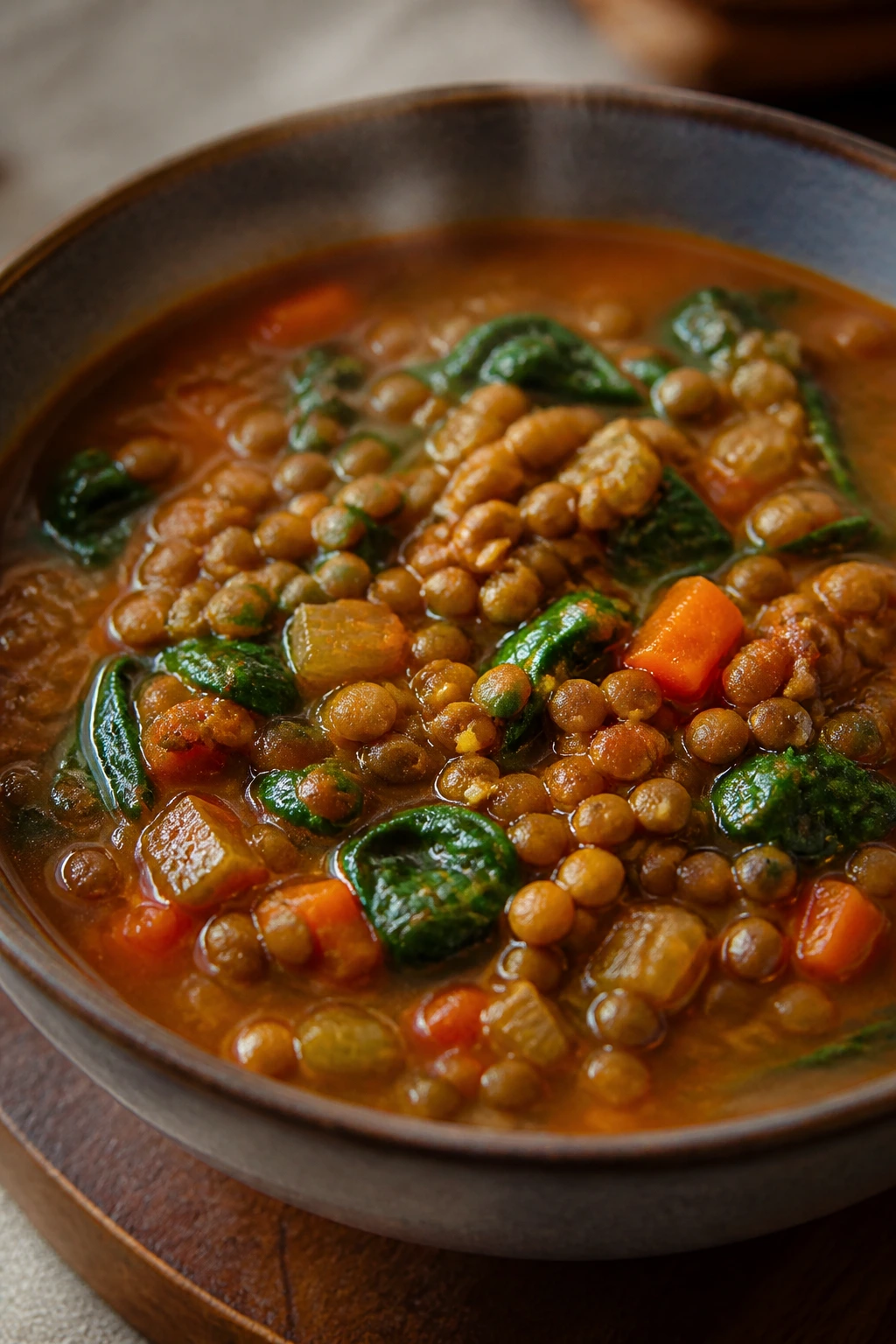Close-up of lentil soup with spinach in a cozy kitchen