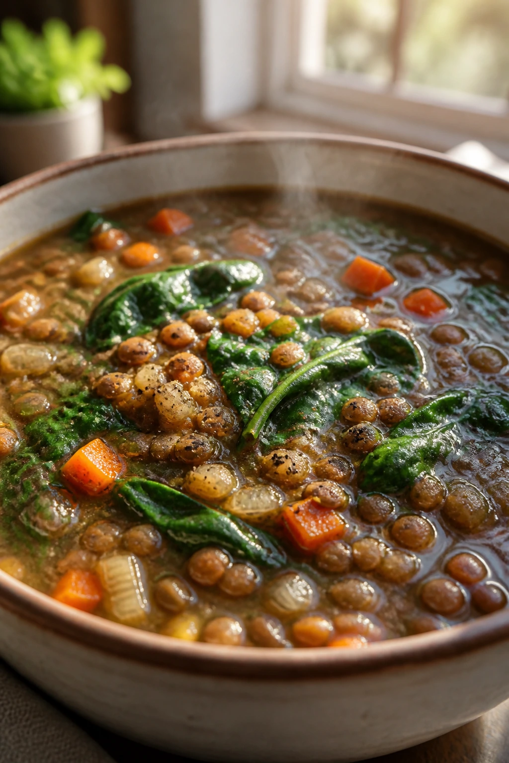 Close-up of Lentil and Spinach Soup in a bowl with brown lentils, spinach, and a warm broth