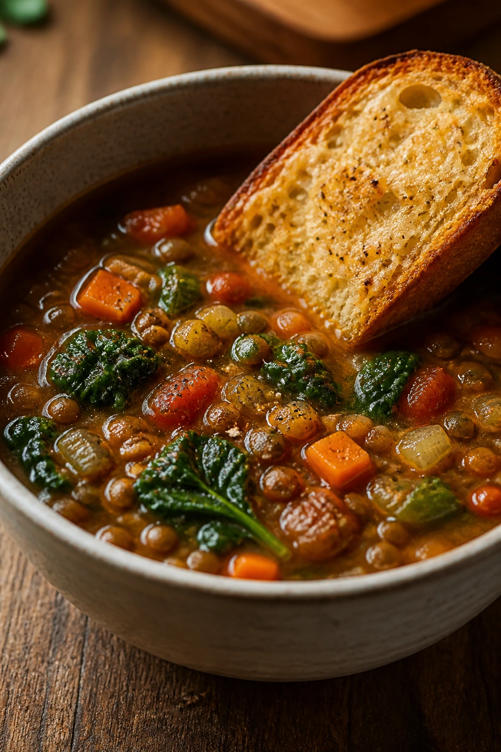 Steaming lentil soup with spinach and a Parmesan toast on the rim