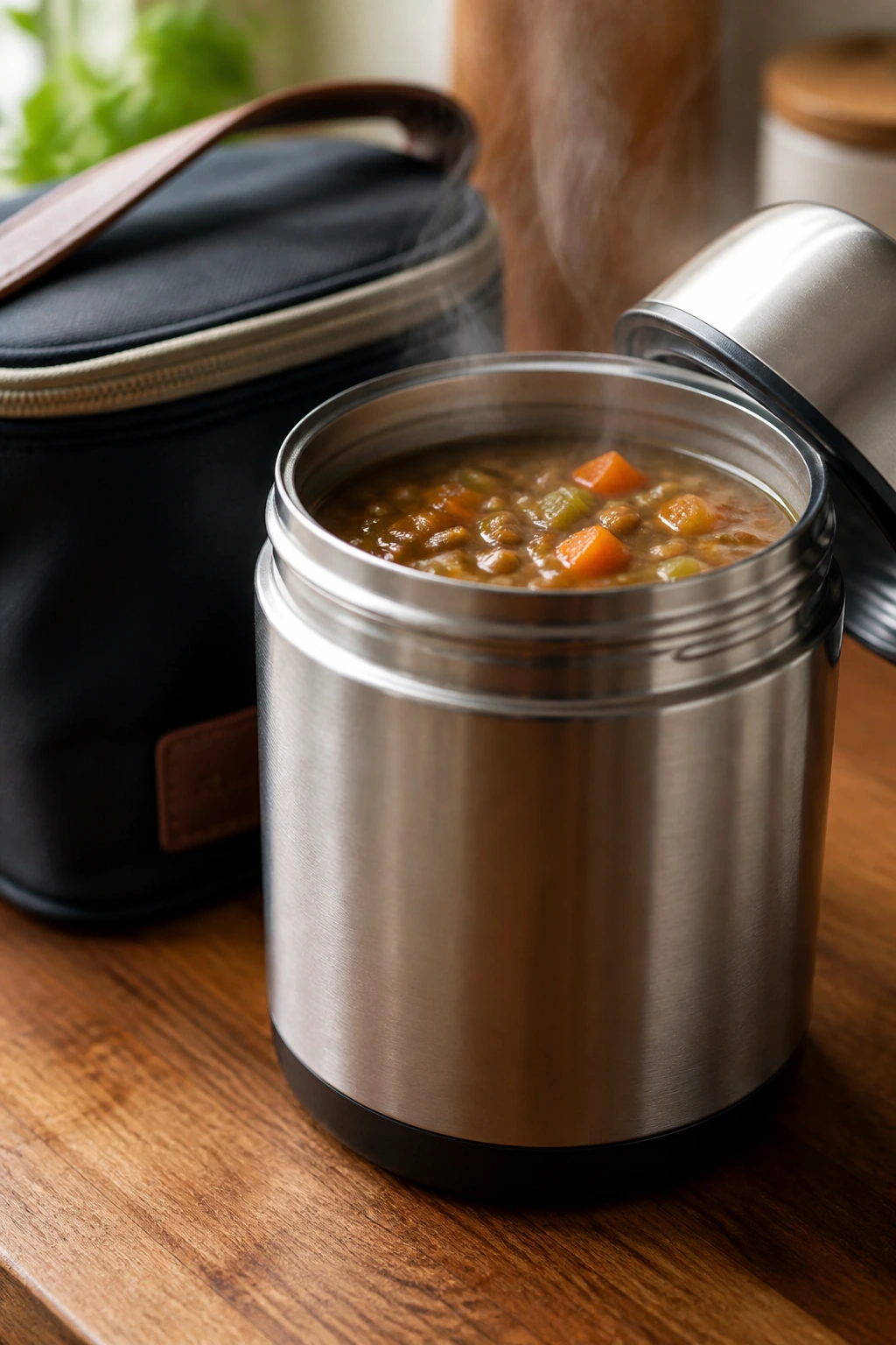 Close-up of a thermos with lentil soup visible inside