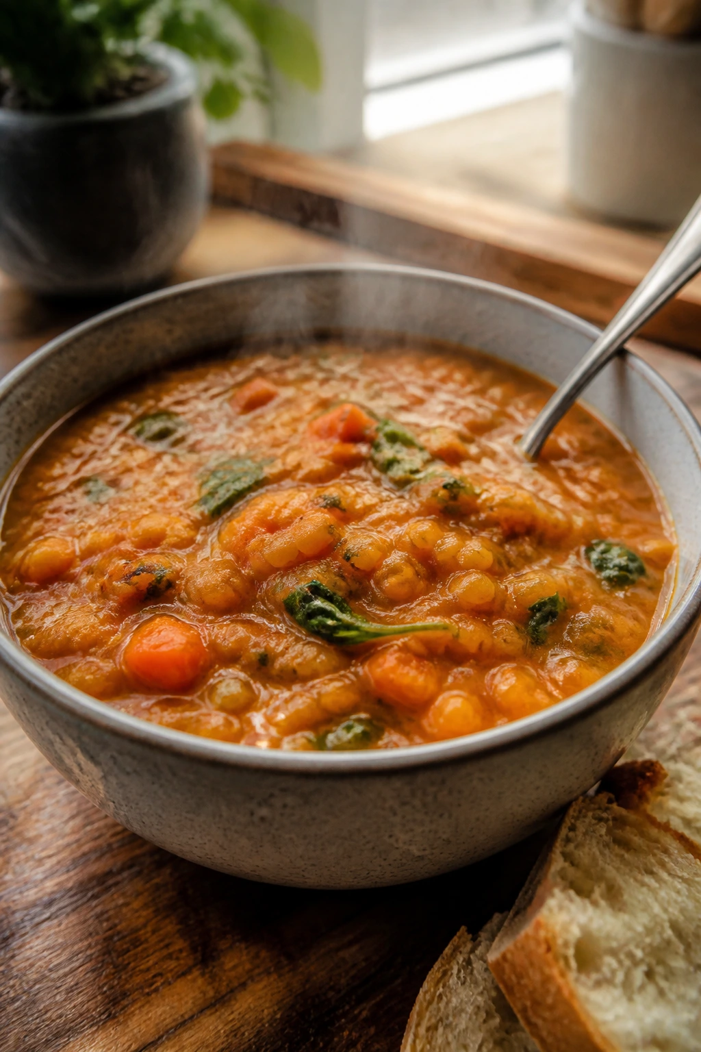 Steaming bowl of tomato lentil soup on wooden table