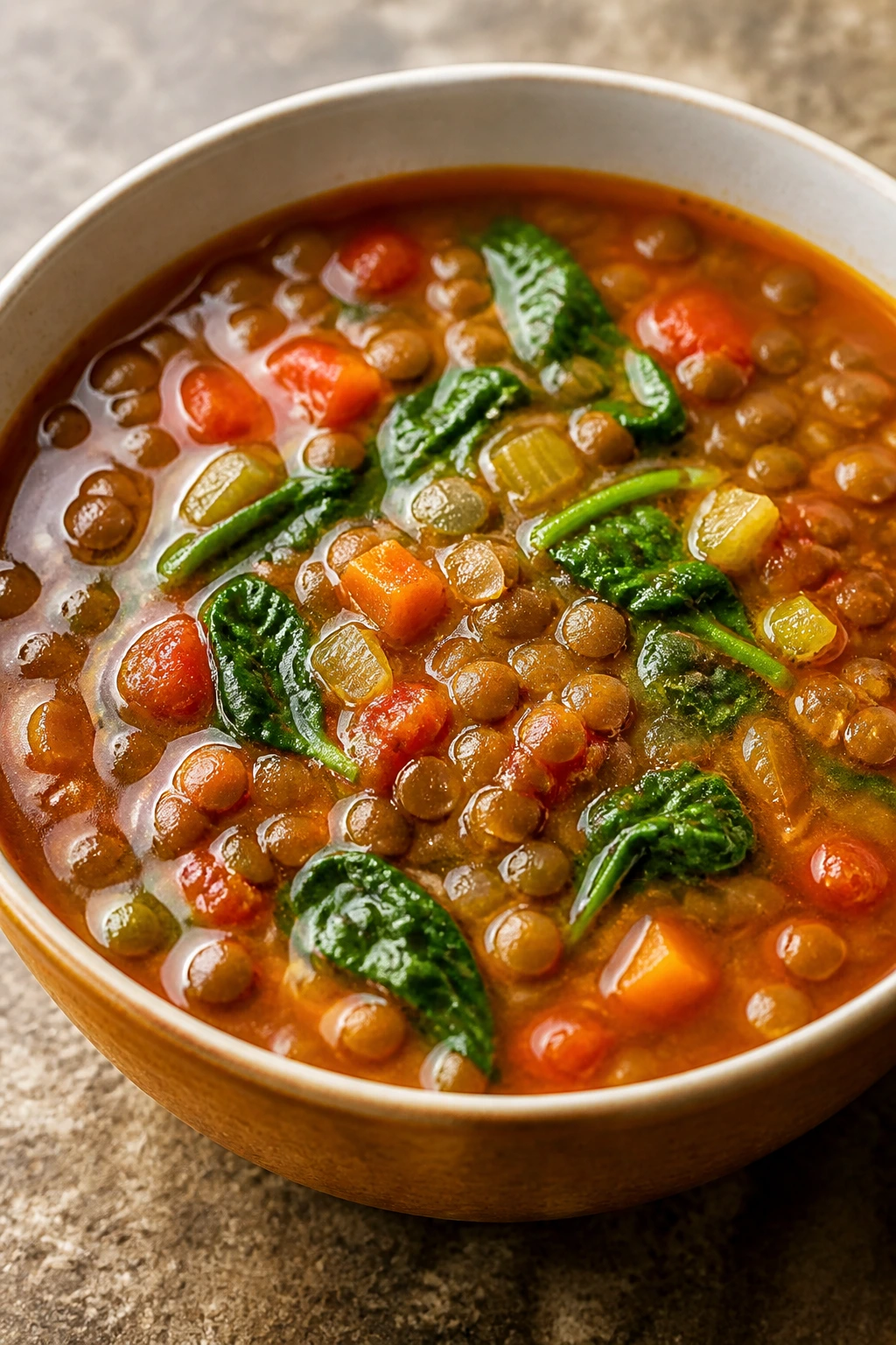 Lentil soup with tomato and spinach in a cozy kitchen