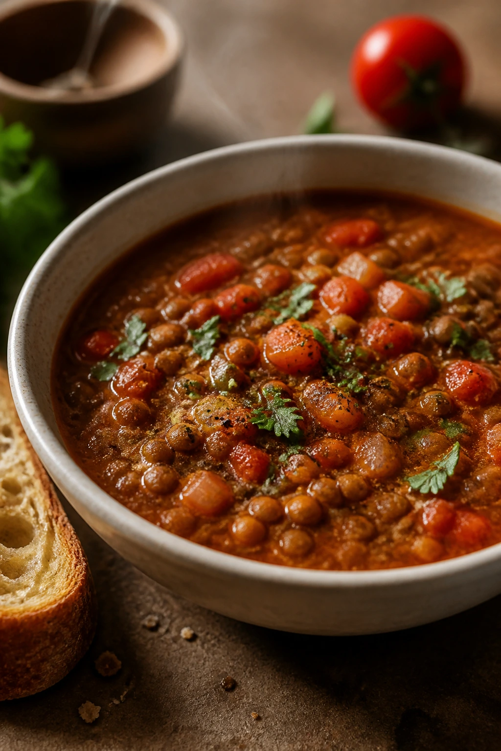 Steaming smoky lentil soup with tomatoes in a rustic kitchen