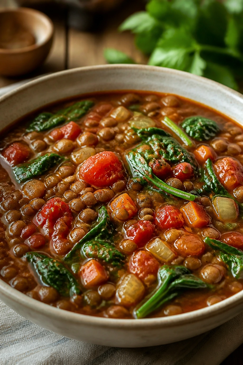 Lentil vegetable soup with tomatoes and spinach in a bowl.