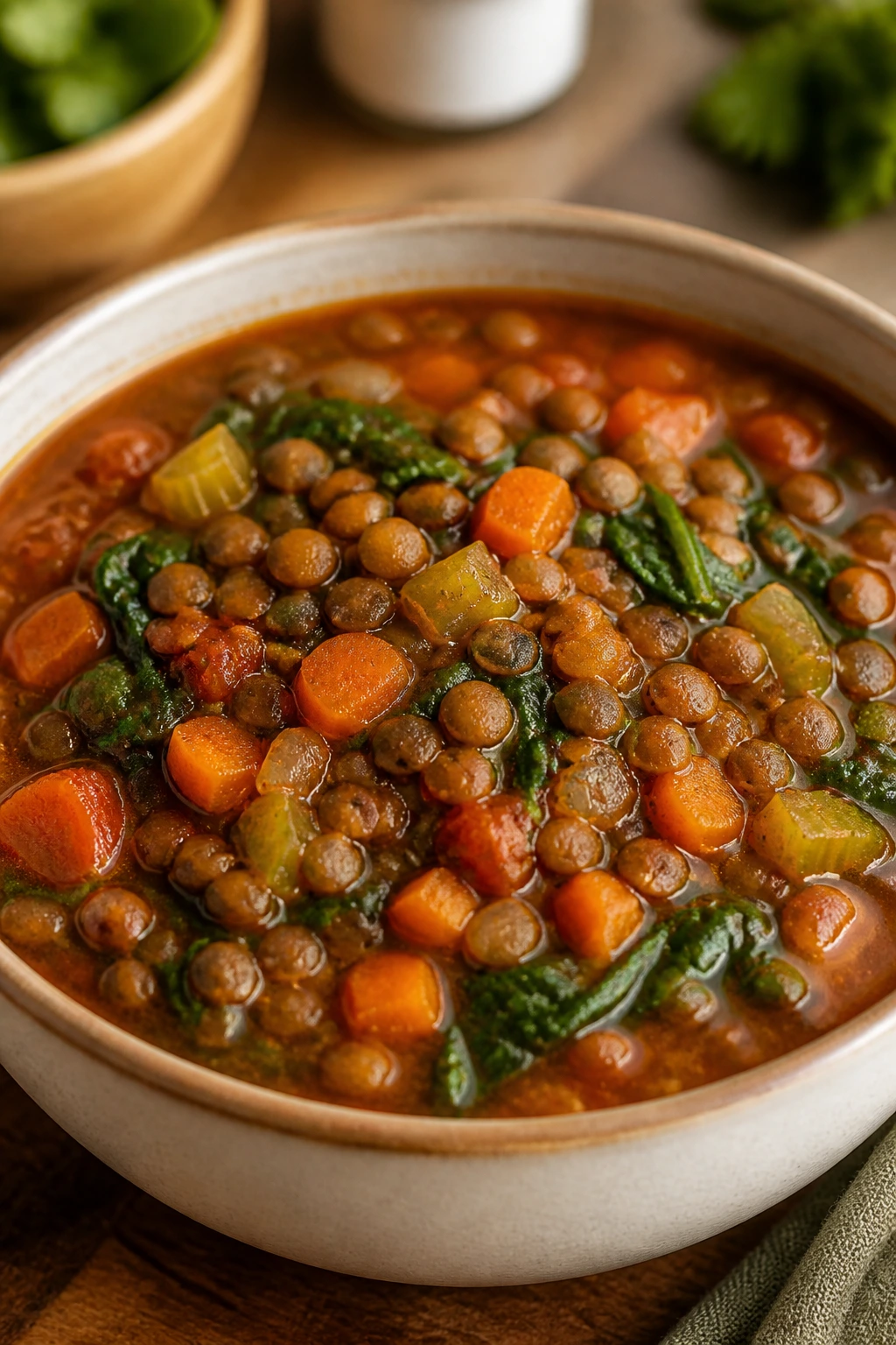 Hearty lentil vegetable soup with carrots, spinach and celery