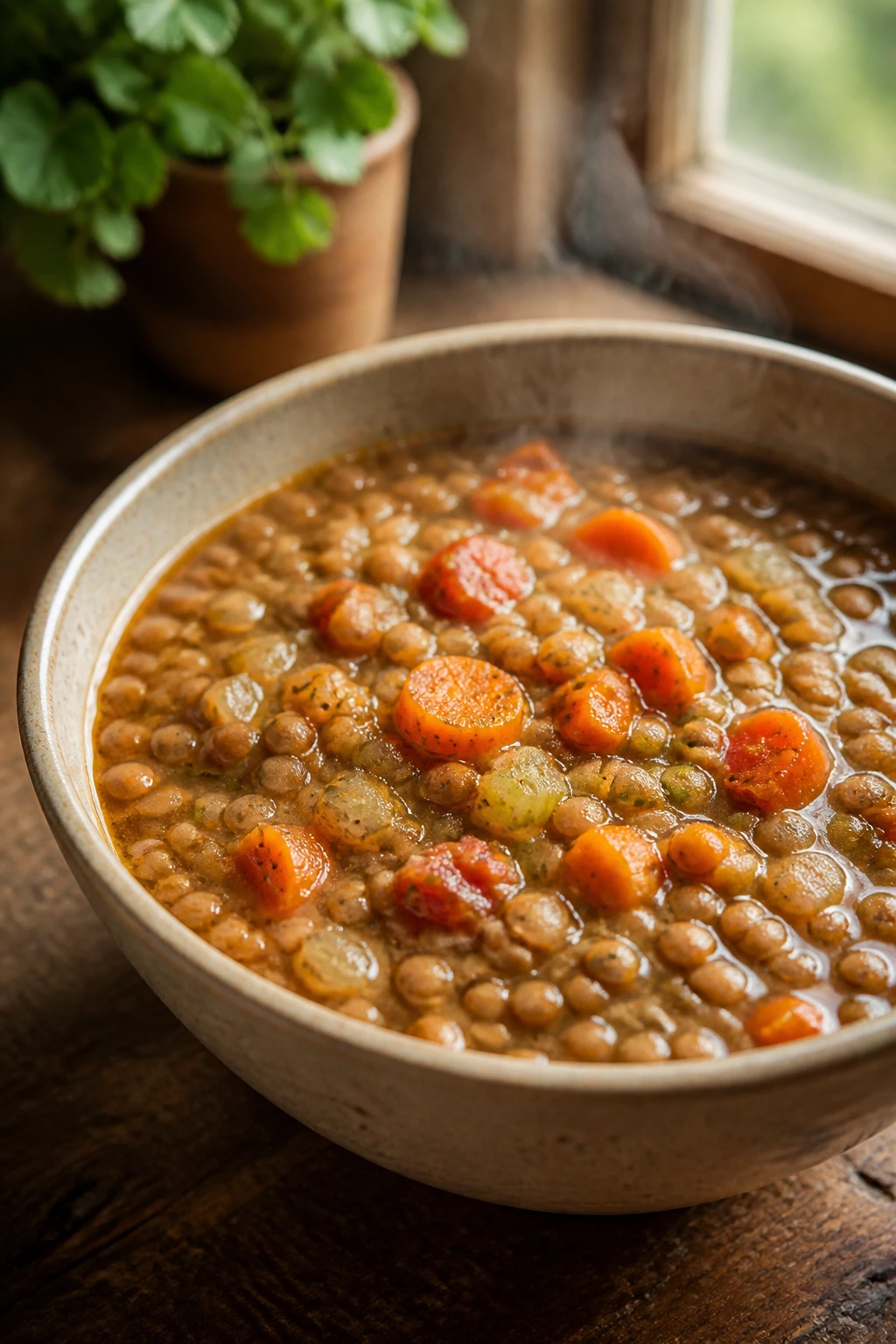 Close-up of steaming lentil soup with vegetables in a bowl