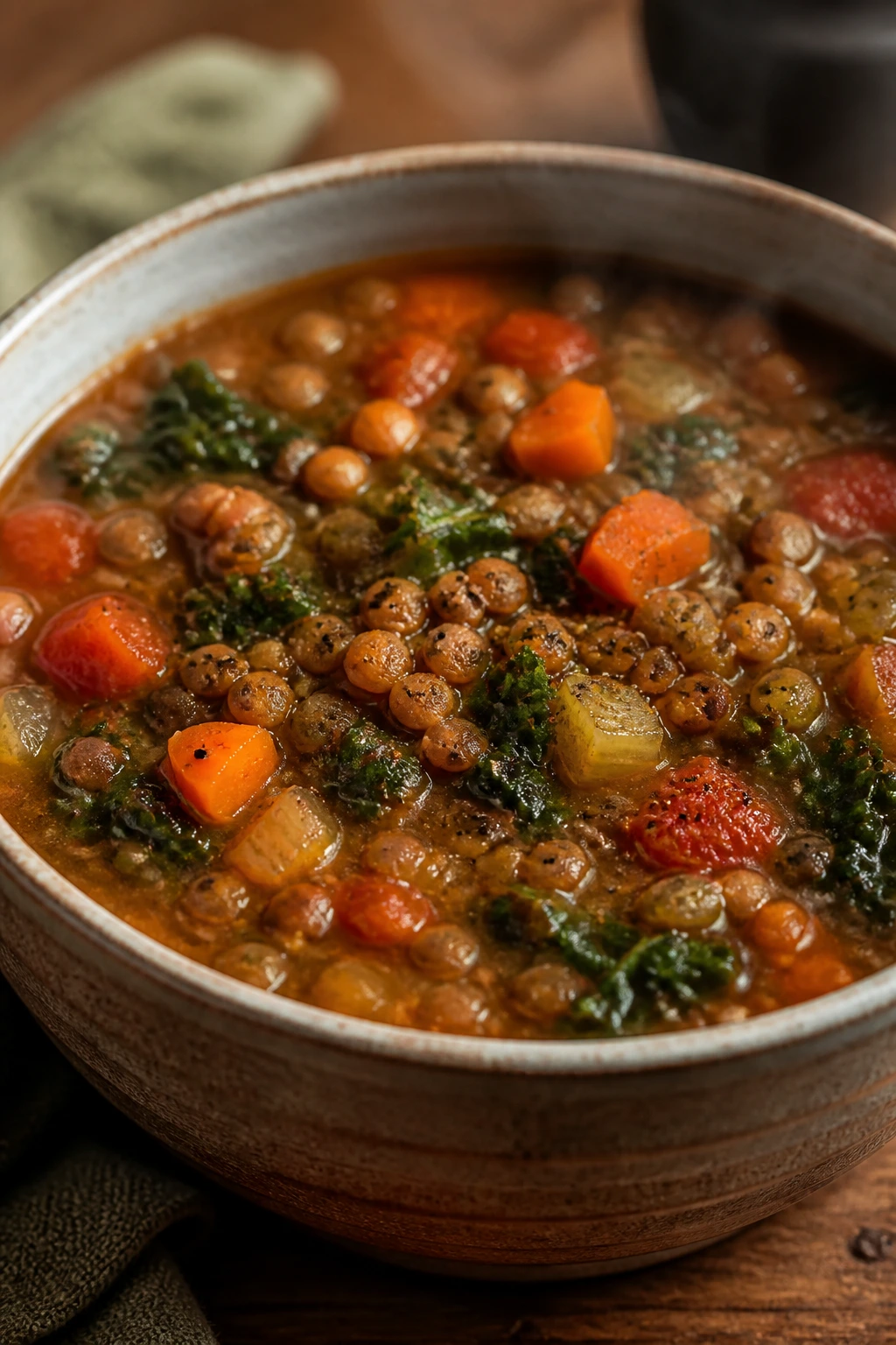 Steaming bowl of lentil vegetable soup