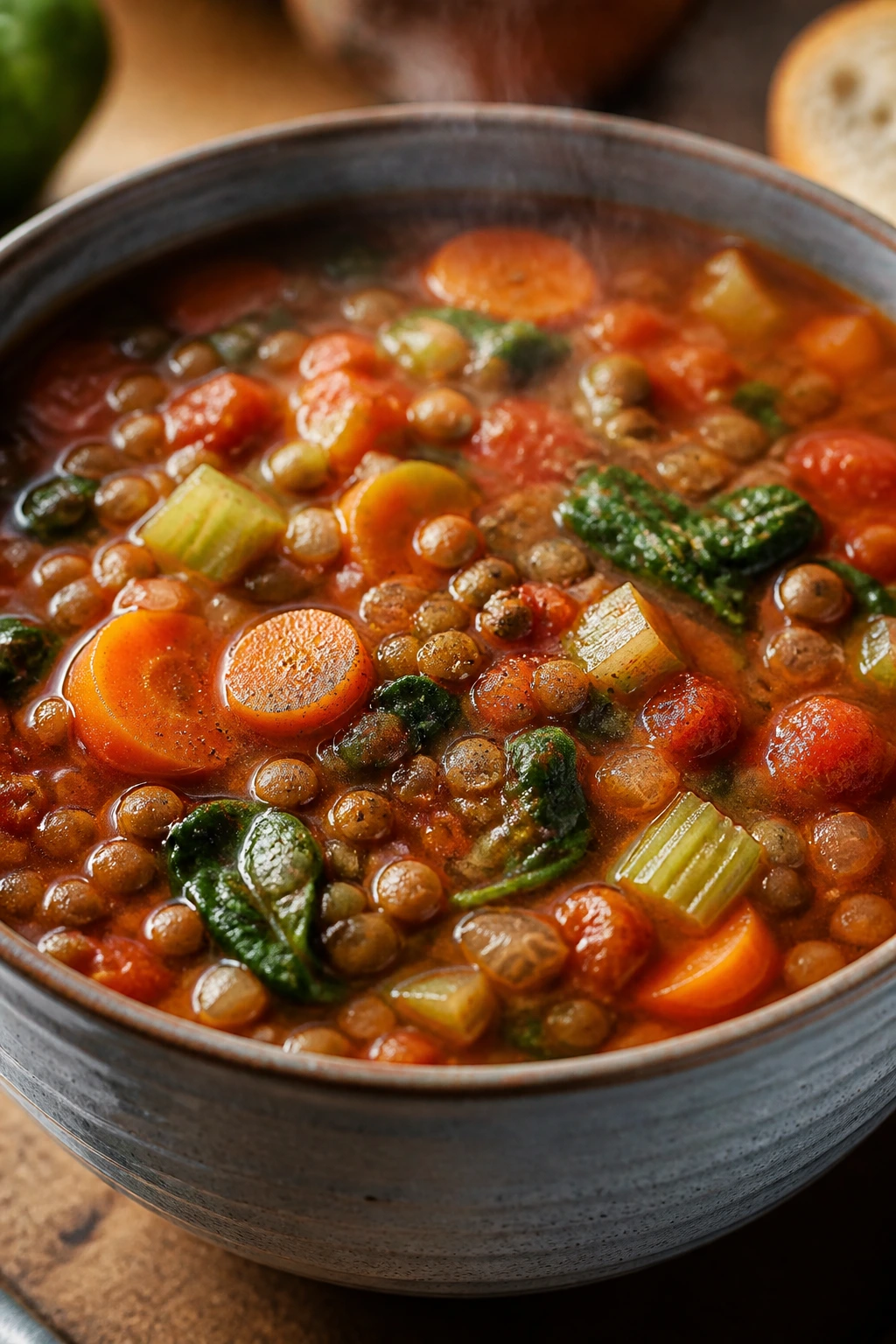 Close-up of lentil vegetable soup in a bowl