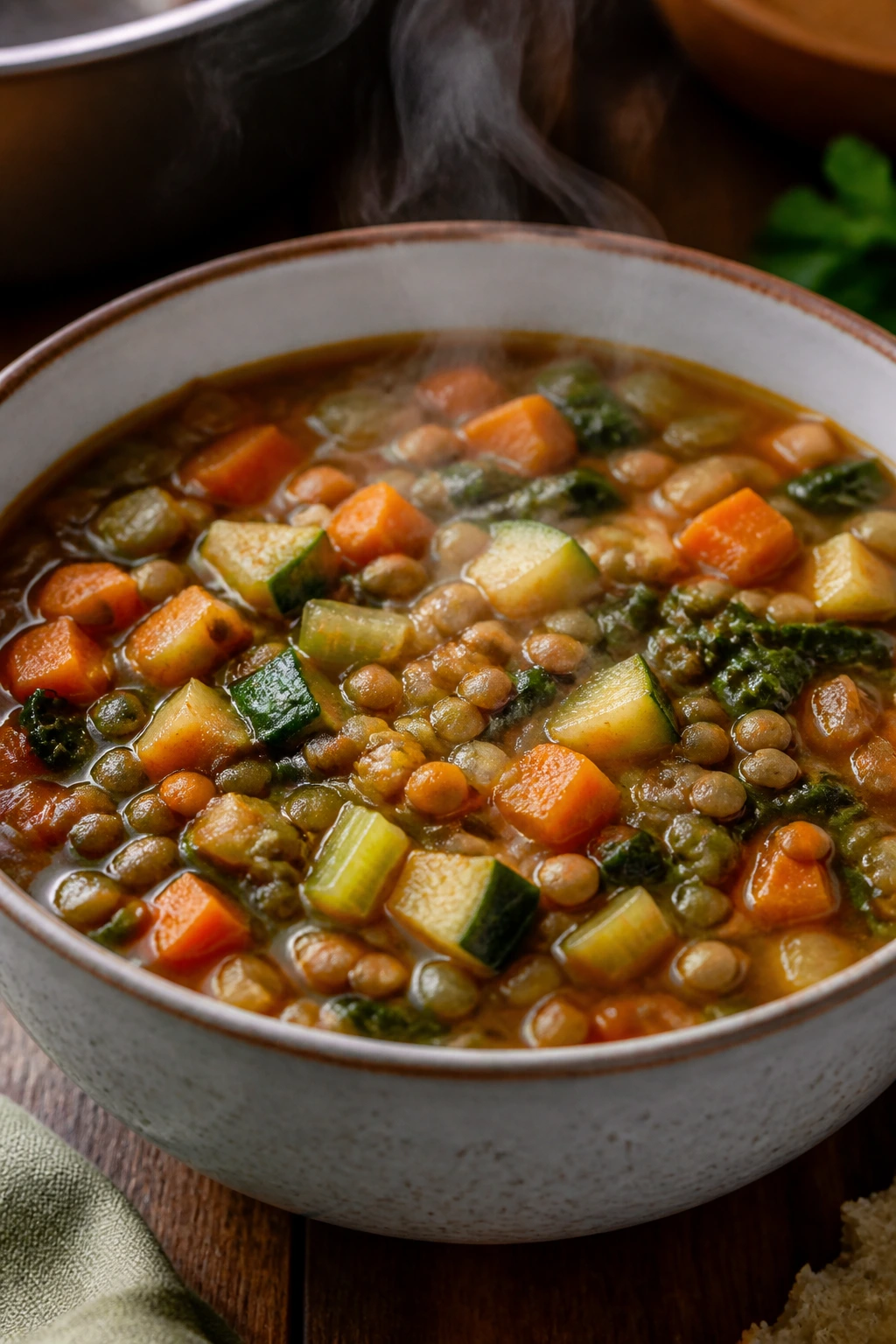 Close-up of Hearty Lentil Vegetable Soup with lentils and vegetables