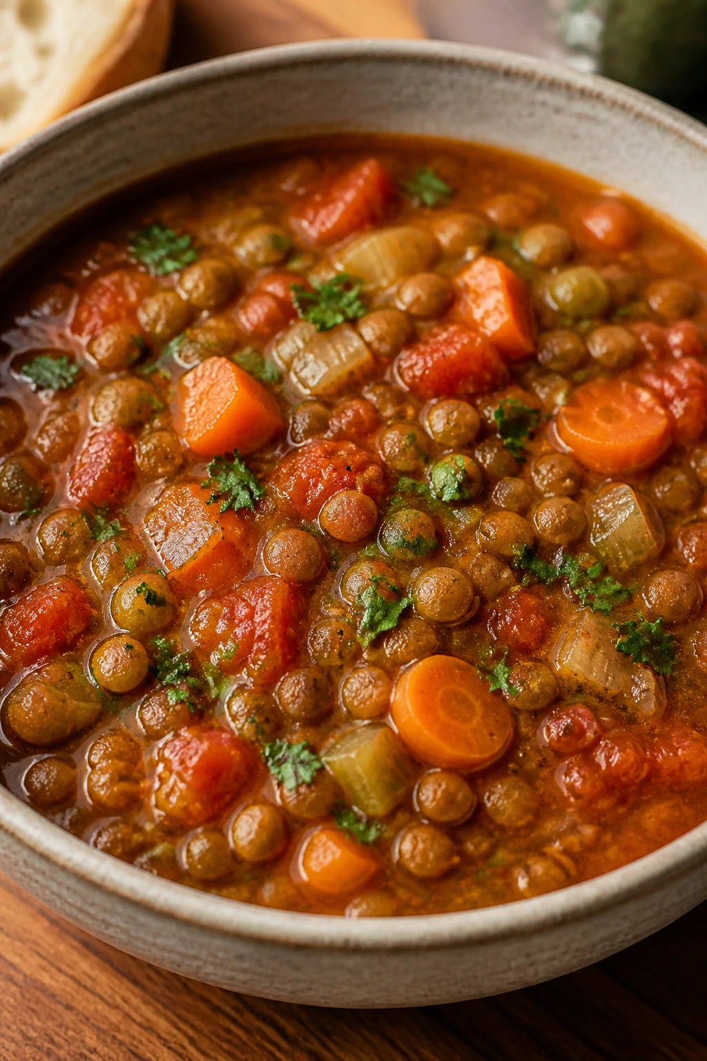 Close-up of hearty lentil vegetable soup in a bowl