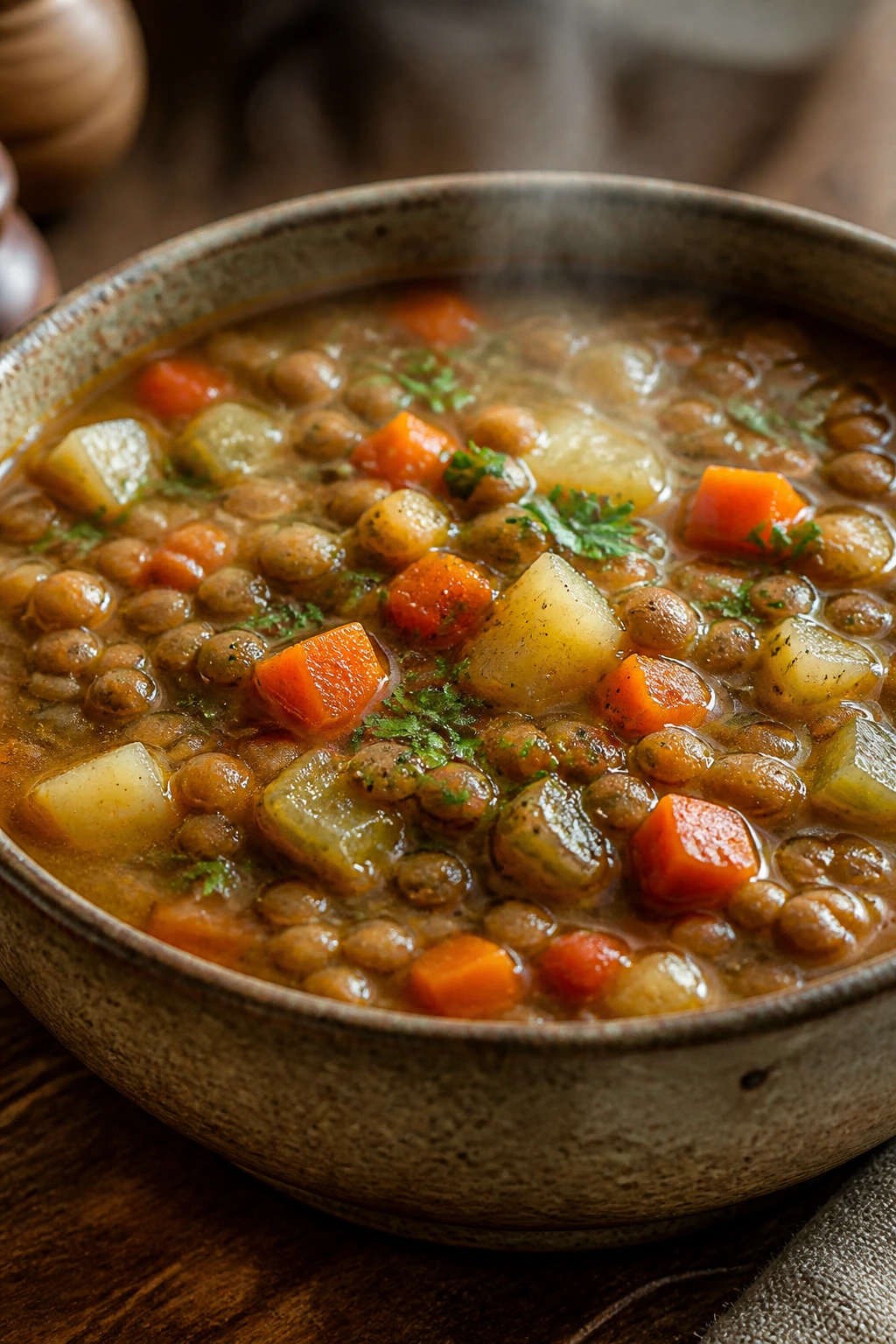 Close-up lentil and vegetable soup in rustic bowl