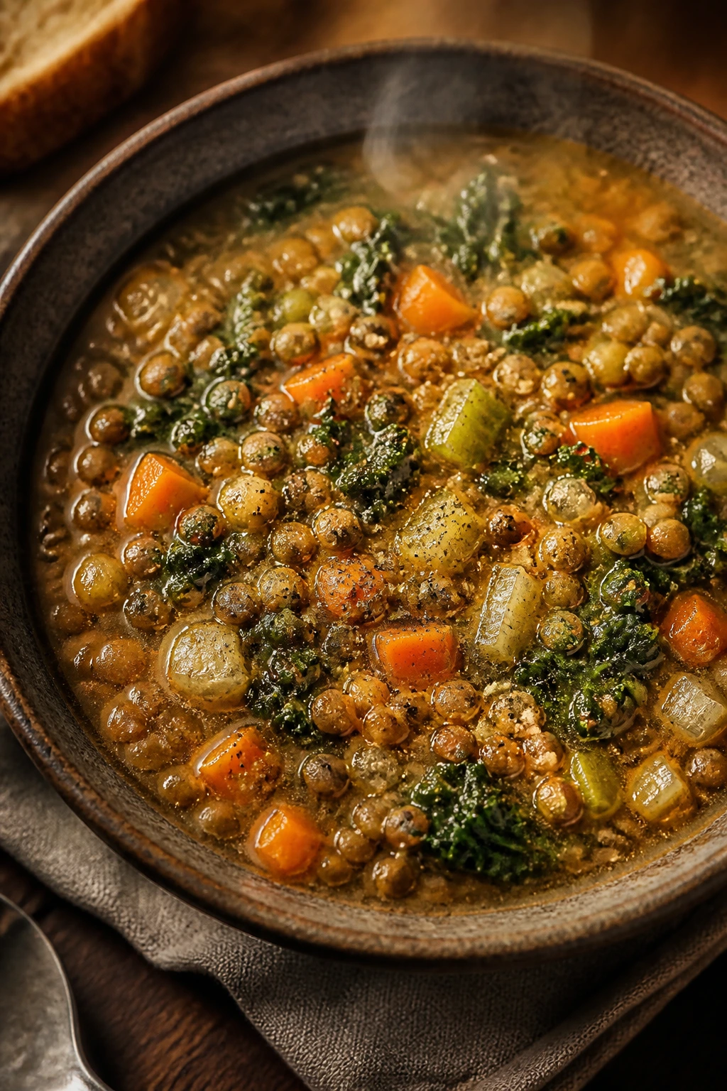 Close-up of lentil soup with vegetables in a rustic bowl