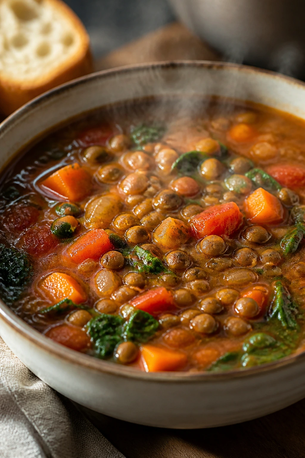 Close-up of lentil vegetable soup with spinach and carrots