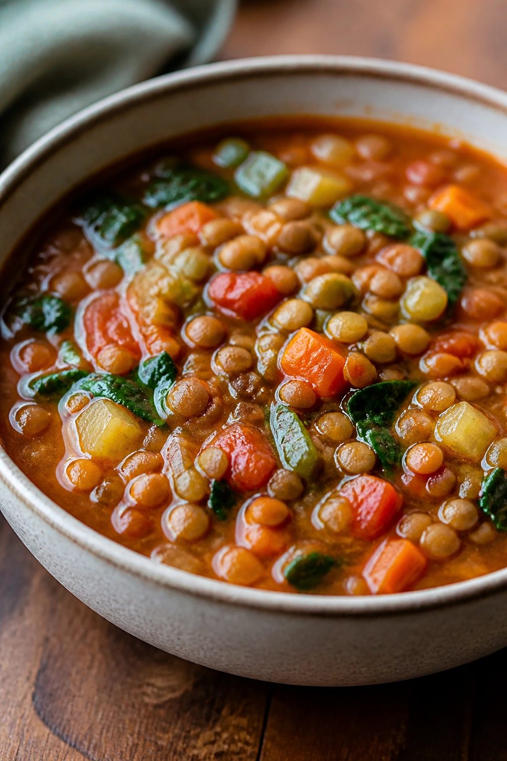Hearty lentil vegetable soup in a bowl with vegetables on a rustic table