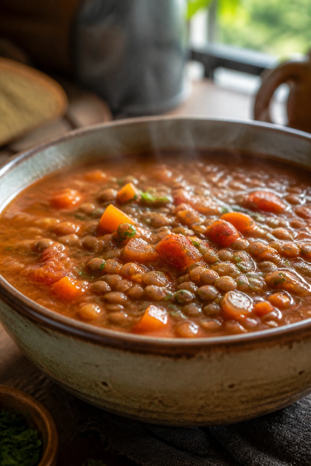 Steaming bowl of lentil soup with vegetables on a cozy table