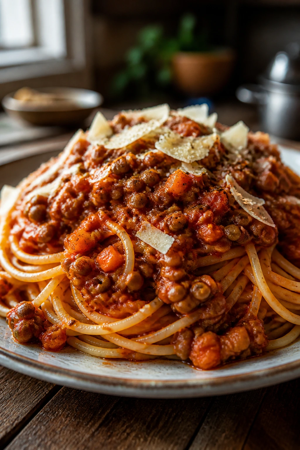 Close-up of lentil bolognese over spaghetti with tomato sauce and parmesan on a rustic plate.