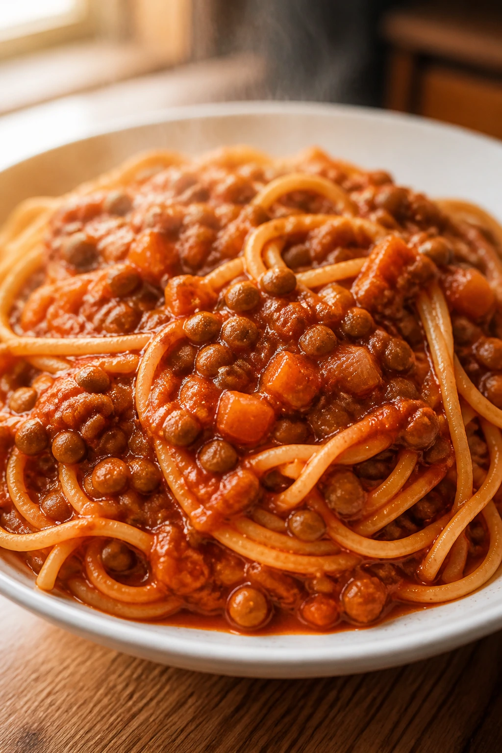 Close-up of lentil bolognese spaghetti plate with thick tomato-lentil sauce