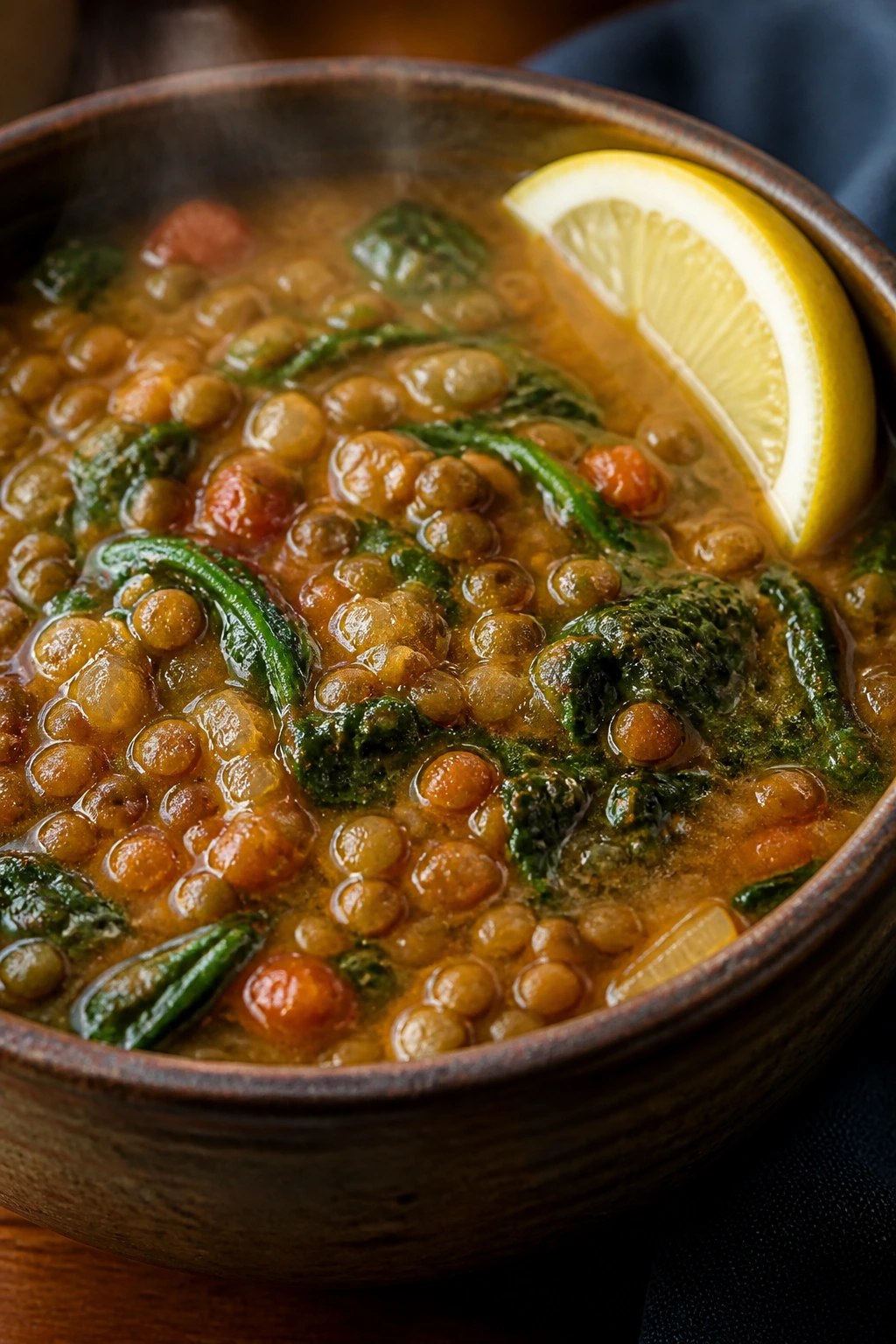 Close-up of lentil and spinach stew with lemon in a rustic bowl.