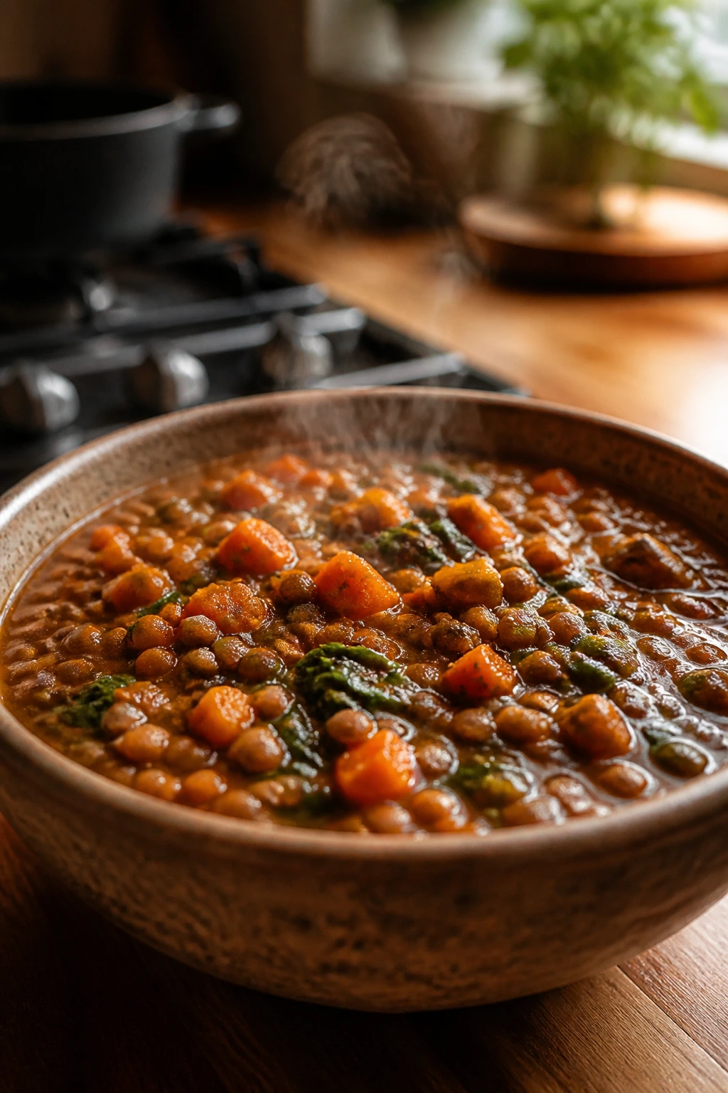 Close-up of Moroccan lentil stew in a rustic bowl with steam
