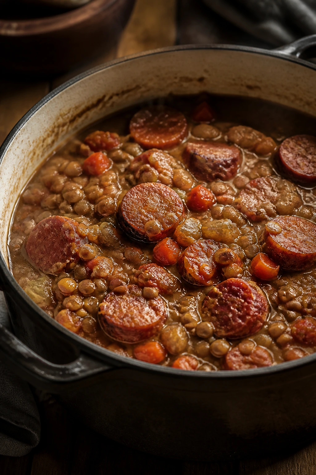 Hearty lentil stew with smoked sausage in a rustic pot