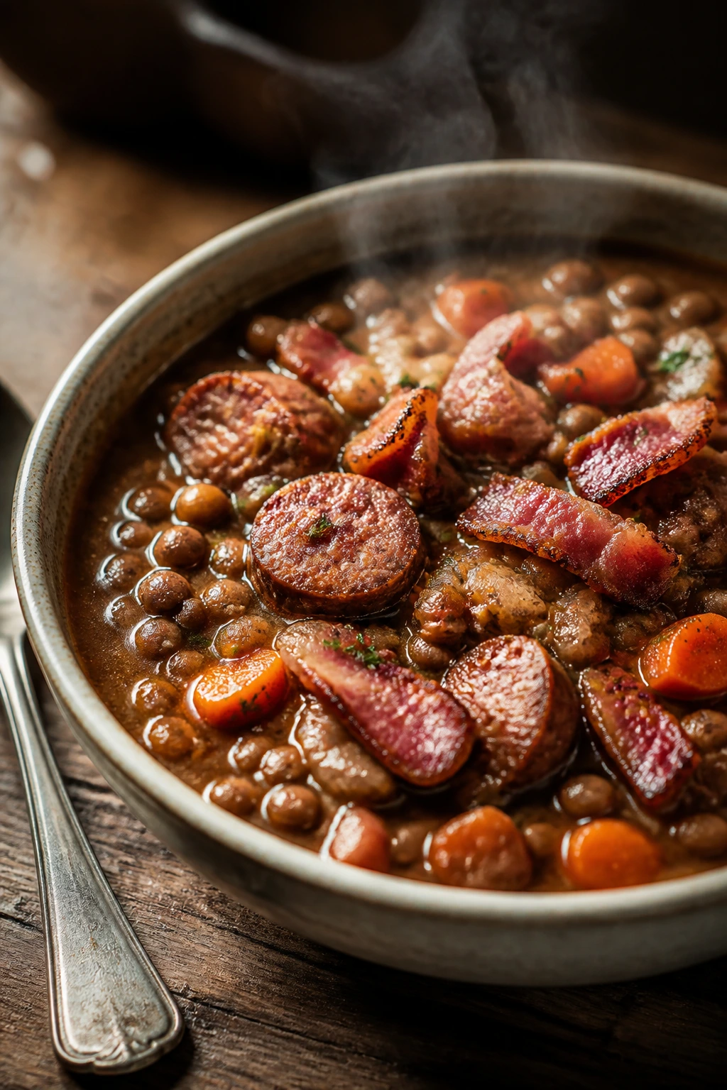 Hearty lentil stew with sausage and bacon in a bowl