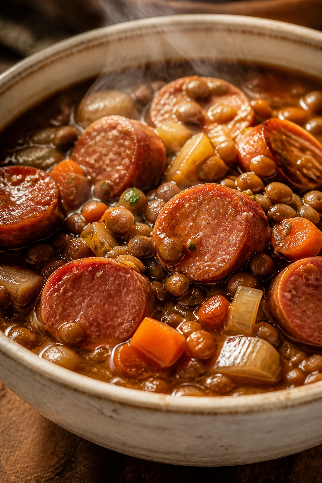 Close-up of lentil stew with smoked sausage in a rustic bowl