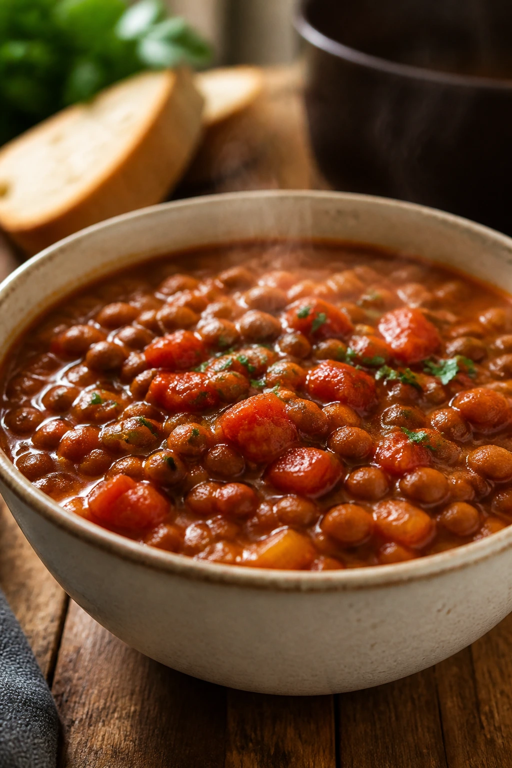 Thick lentil tomato stew in a bowl with a warm kitchen backdrop