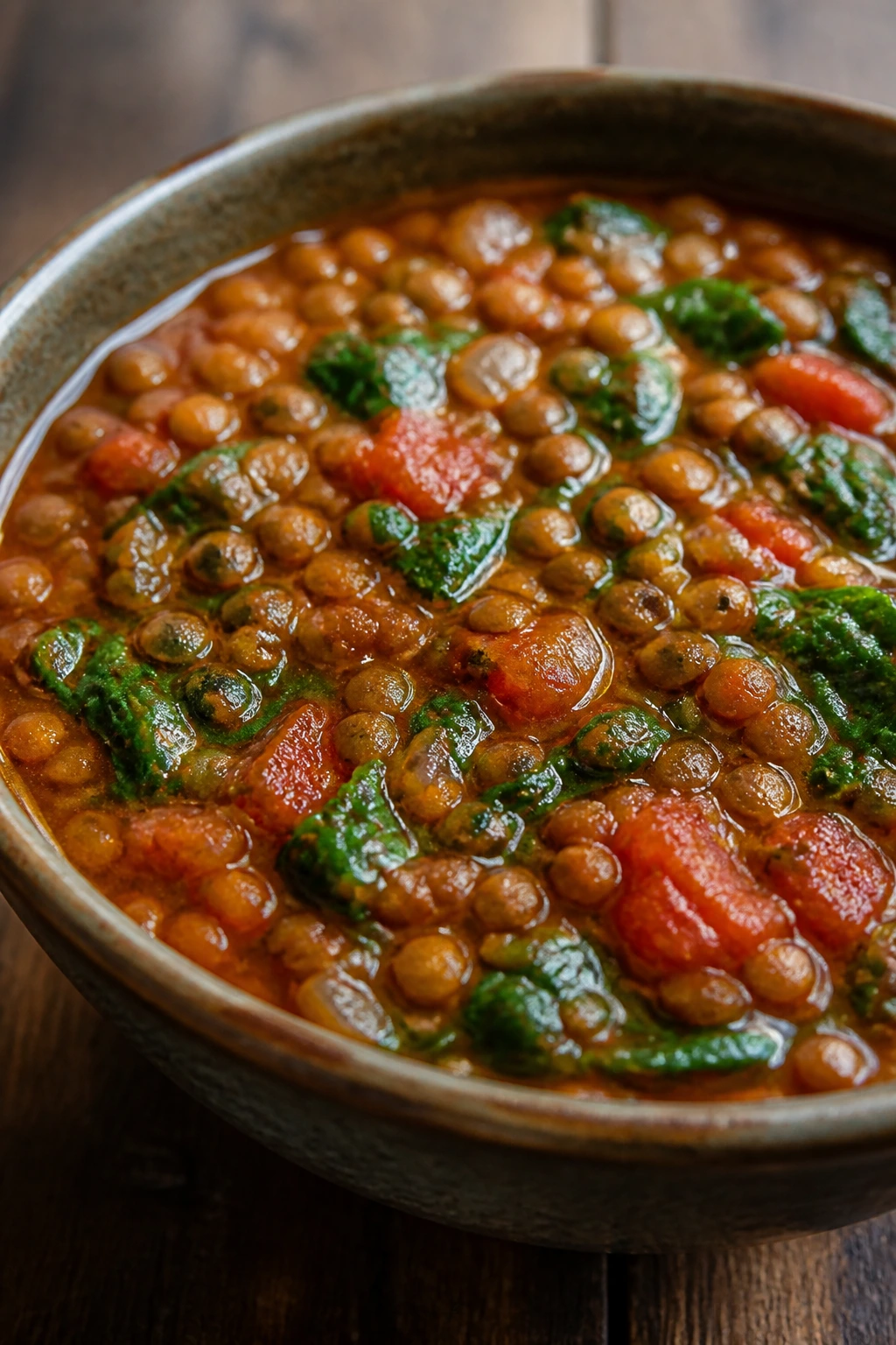 Close-up of lentil tomato spinach stew in a bowl on wooden table.