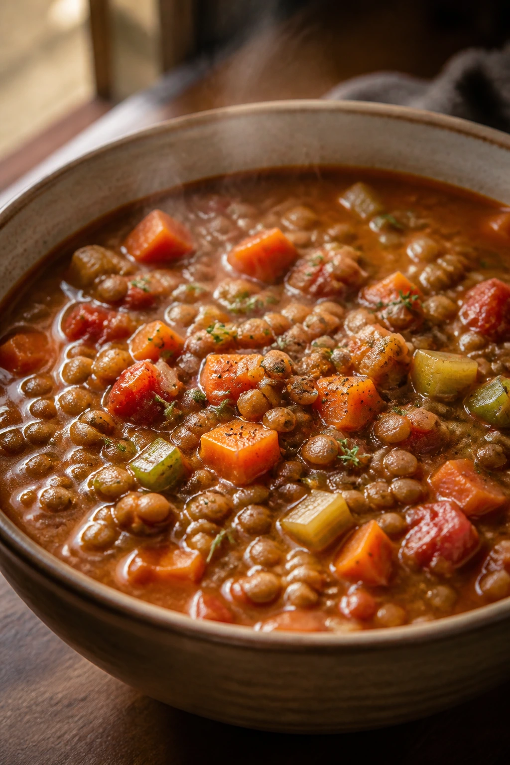 Hearty lentil vegetable stew in a bowl with carrots and thyme