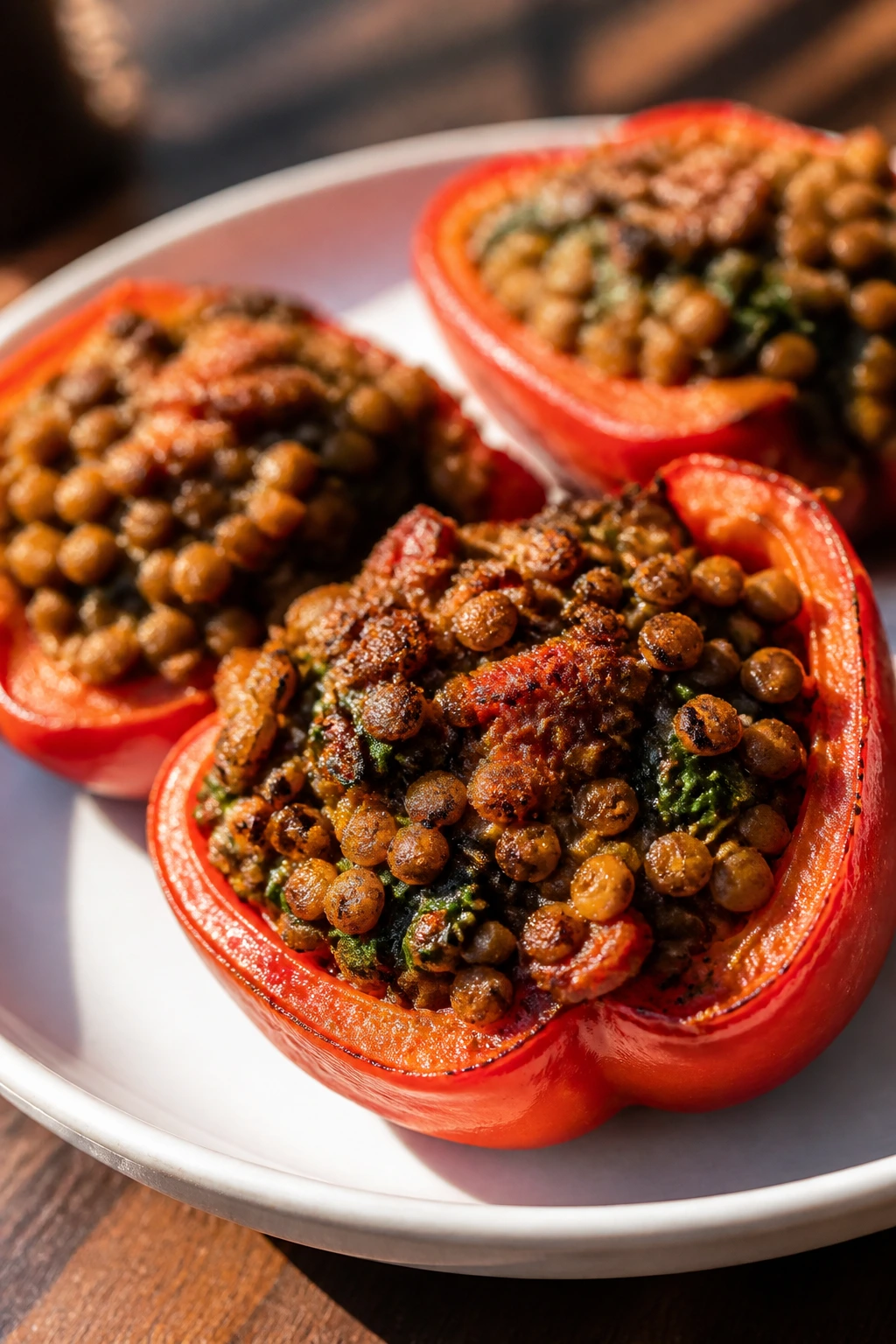 Close-up of red bell pepper halves stuffed with lentil filling on a wooden table