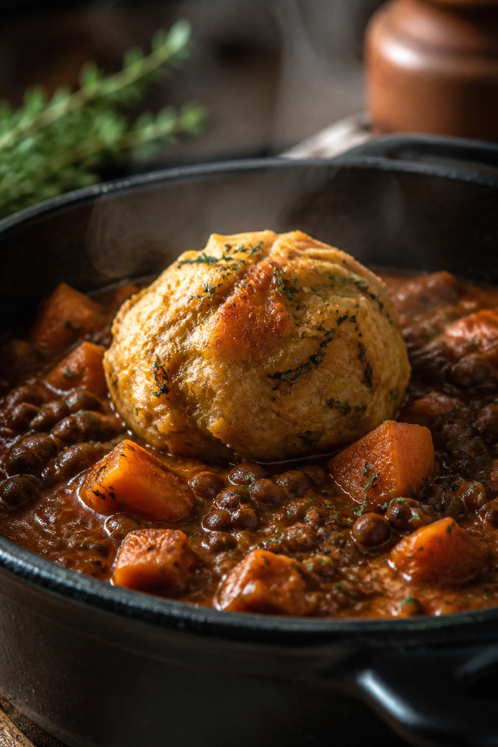 Dumpling on top of thick lentil and sweet potato stew with steam.