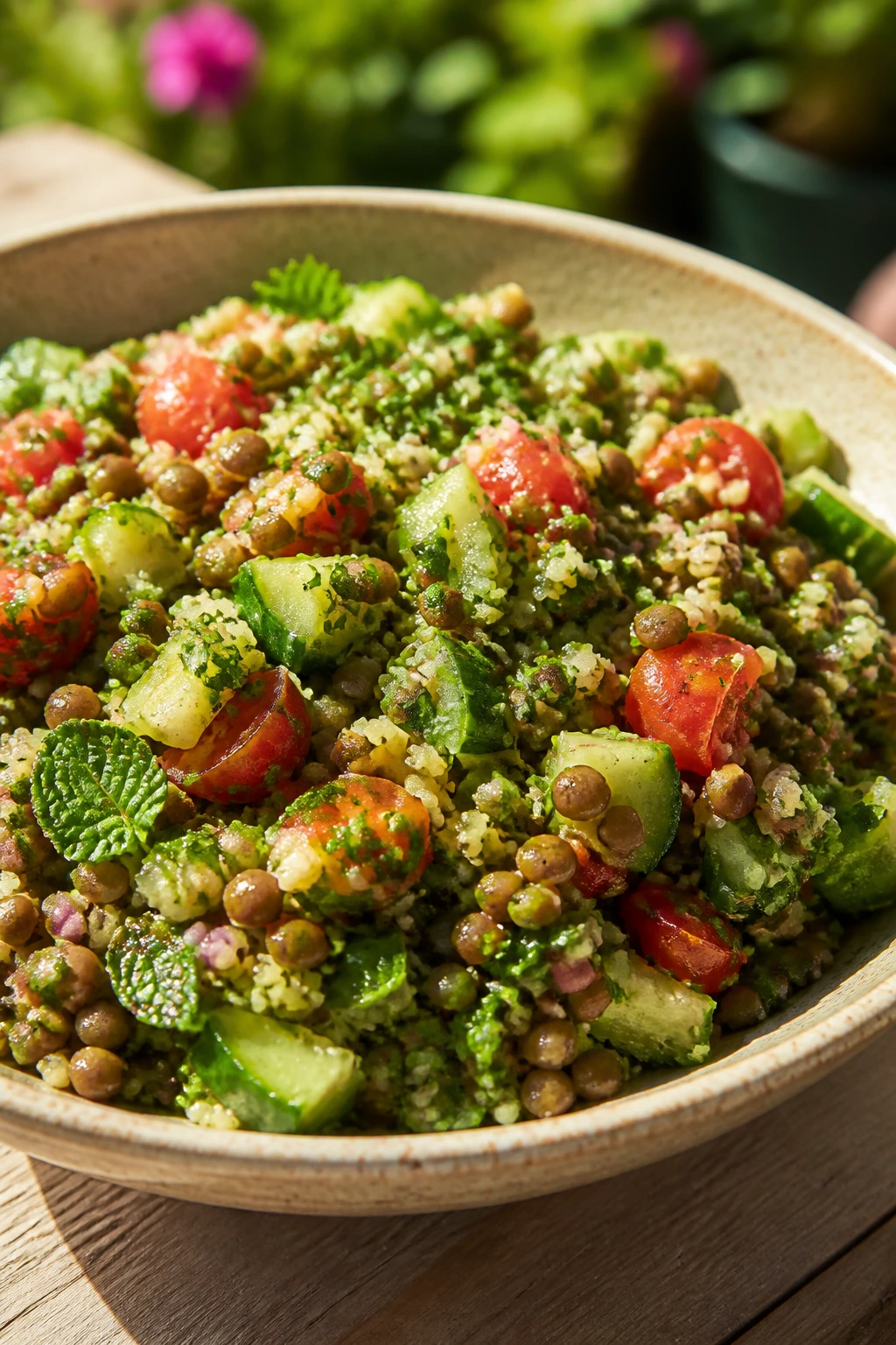 Bright Lentil Tabbouleh Bowl with lentils cucumber tomatoes parsley mint on a light table